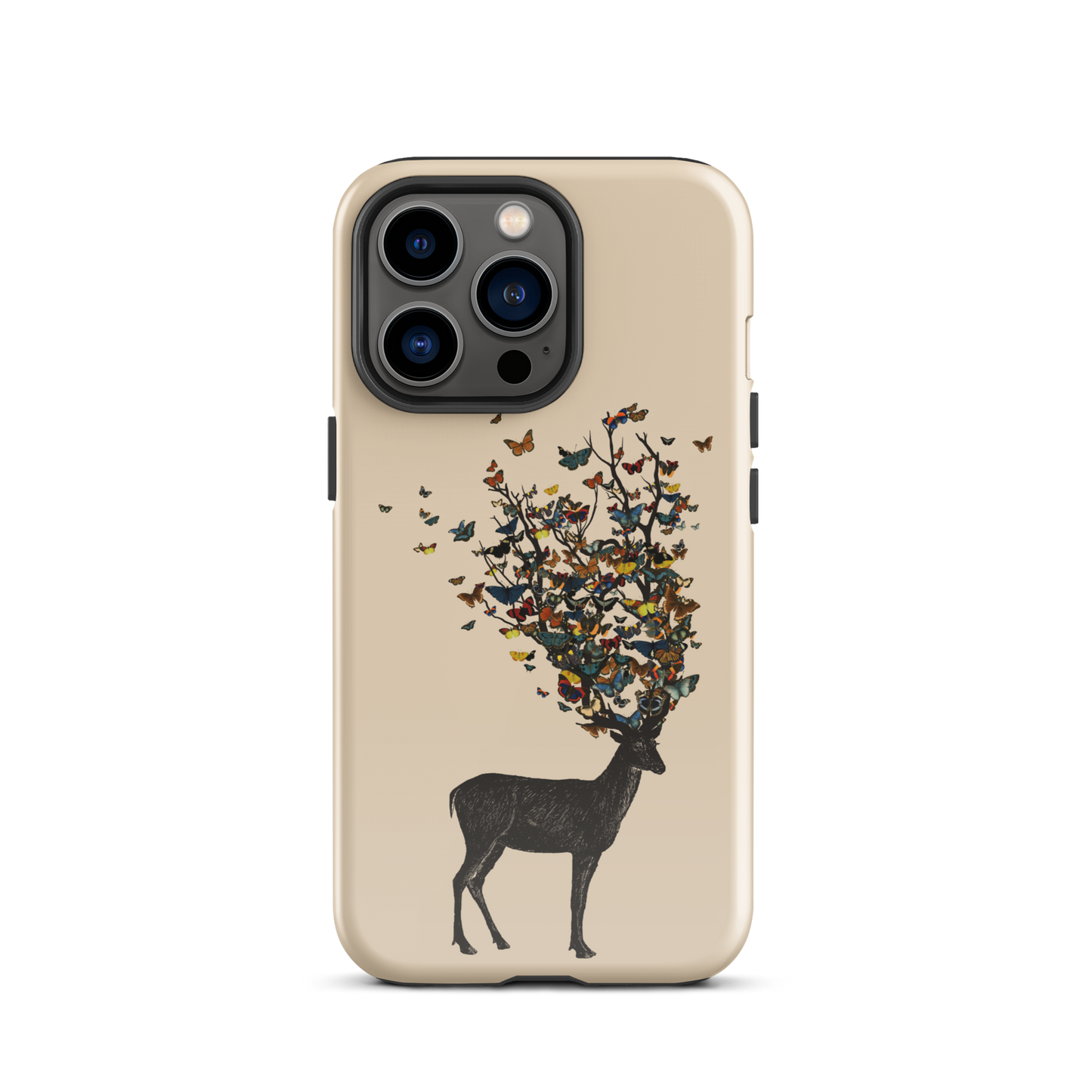 The image depicts a dark, silhouetted deer standing on a neutral background. Instead of branches, its antlers transform into a swirling cloud of vibrant, colorful butterflies that extend upwards and outward. The mix of organic and ethereal elements creates a captivating and whimsical visual contrast.