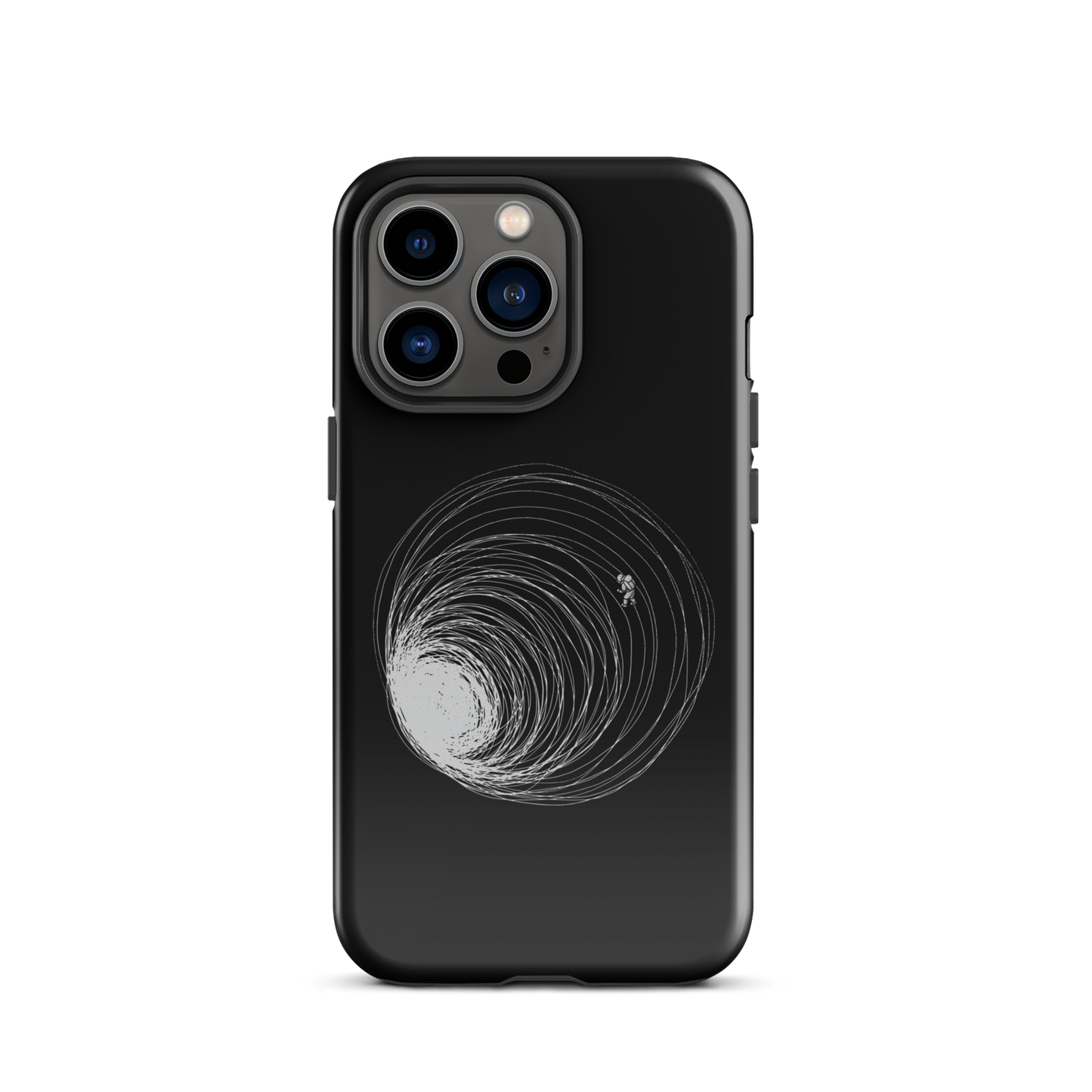 A big black hole with an astronaut floating around as if being sucked into it. A minimalist art perfect for those who love space.