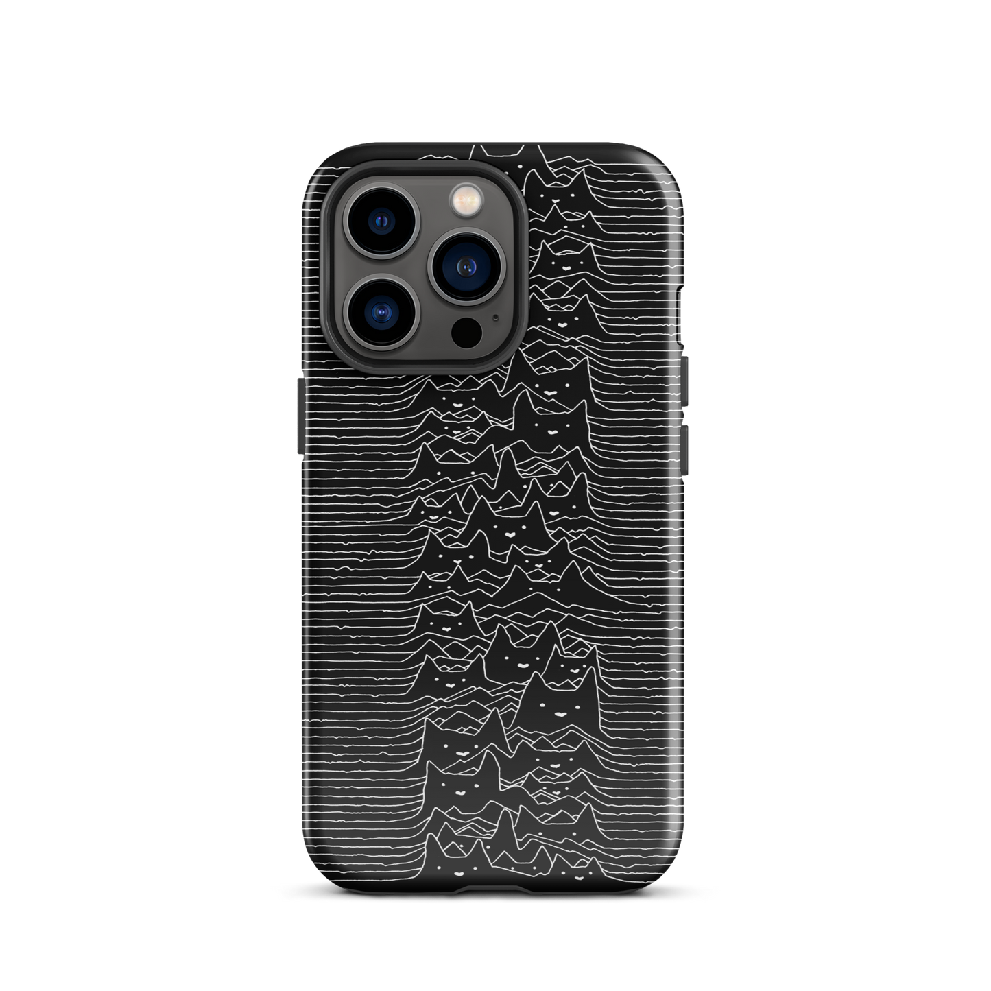 The drawing is a series of continuous wavy lines forming a pattern reminiscent of sound waves or topographic maps, but with an unexpected twist: the lines create the shapes of numerous cat faces stacked vertically. Each cat has simple, expressive features with pointed ears, adding a whimsical element to the otherwise structured pattern.