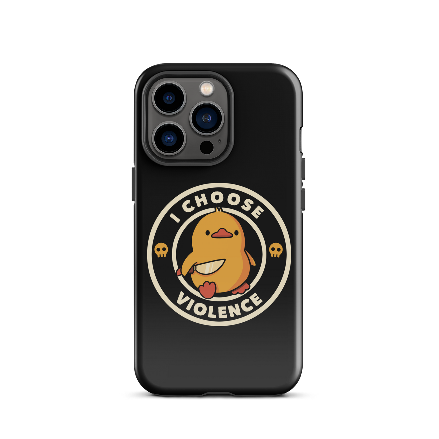 A cute, cartoon-style yellow duckling stands confidently holding a large knife in its wing. The duckling is encircled by text saying 'I CHOOSE VIOLENCE' in bold white letters. Small skull symbols flank the chick on either side, adding a touch of humor and irony to the otherwise adorable drawing.