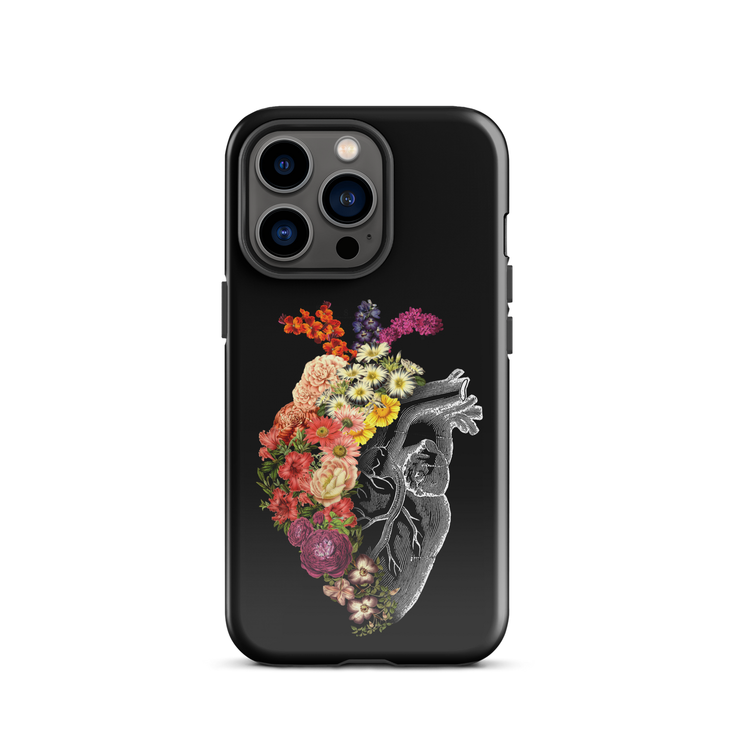The design is an intricate and anatomical drawing of a human heart on a black background. The left side of the heart morphs into a vibrant assortment of colorful flowers, including roses, daisies, and other blooming blossoms, creating a striking contrast between the realistic and the surreal, symbolizing the harmony between nature and humanity.