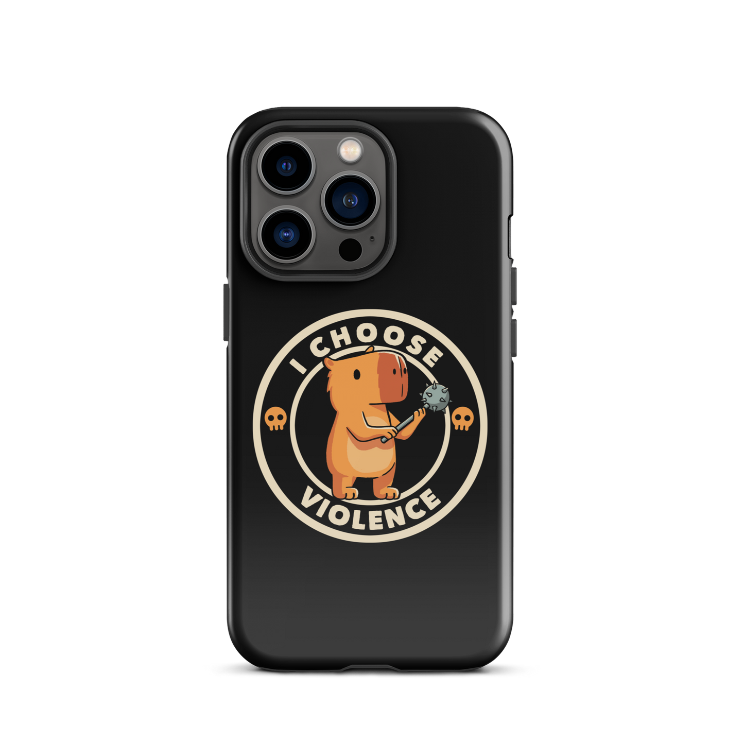 A cute, cartoonish burnt yellow capybara stands holding a spiked mace with a determined expression. Surrounding it is a circular design with the text 'I CHOOSE VIOLENCE' and two small skulls on either side, giving it a humorous yet ironic tone.