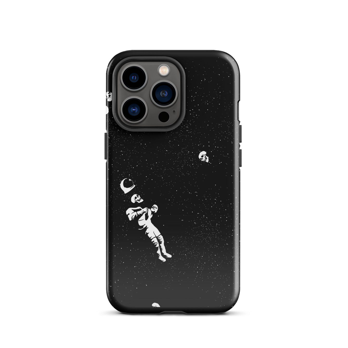 This image features a white astronaut figures floating in a dark, starry space background. The astronaut is surrounded by small celestial bodies and crescent moons, giving a sense of drifting through the cosmos. The design is intricate and has a whimsical, dreamy quality, with a vintage-inspired look, evoking a sense of exploration and wonder.