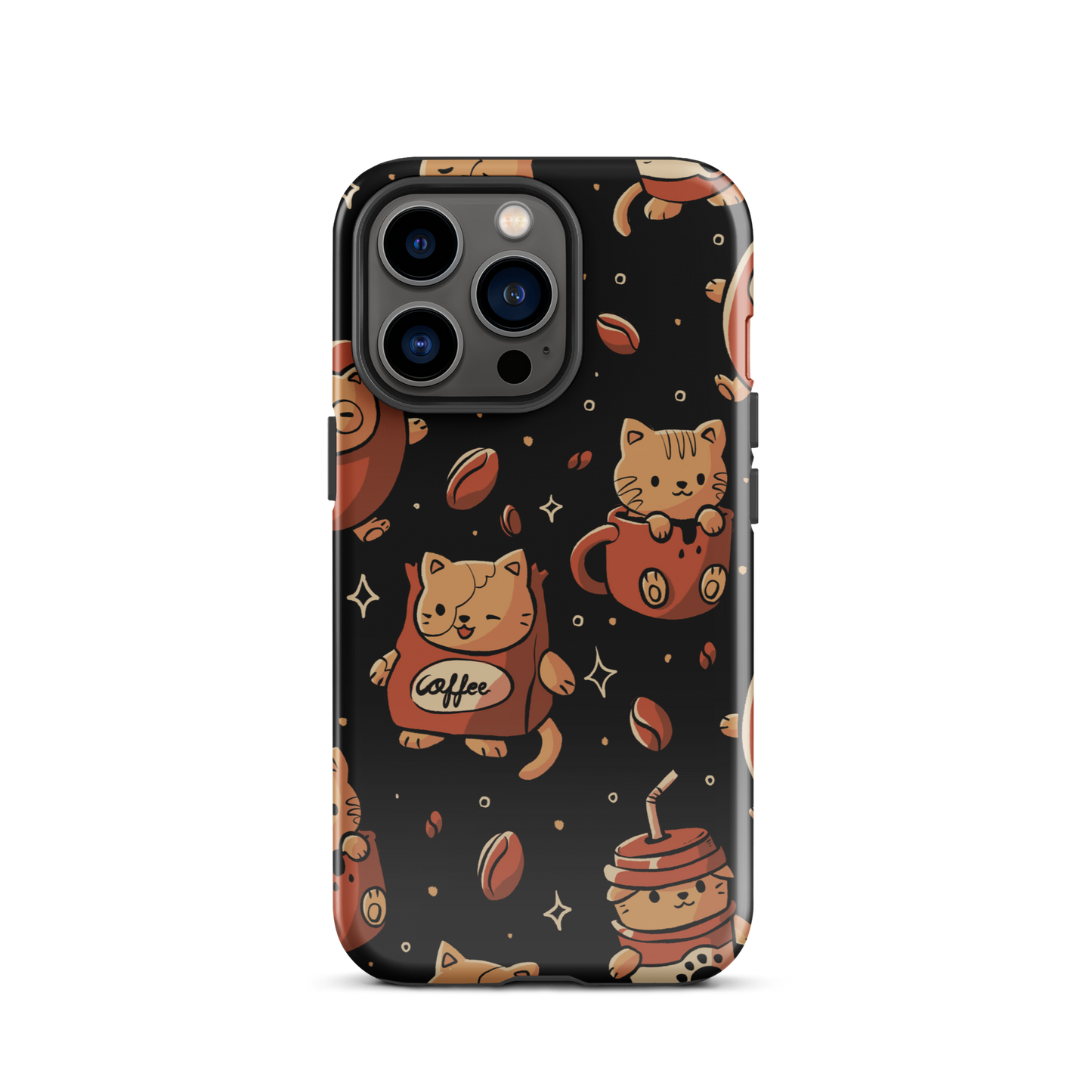 A pattern featuring several cute kittens appears in different coffee-themed versions: inside cups, as coffee beans, and on playful packaging. This artwork combines a love for cats and coffee in a charming and humorous composition. Perfect for cat lovers, coffee lovers, baristas, and anyone who enjoys cute and cozy designs.