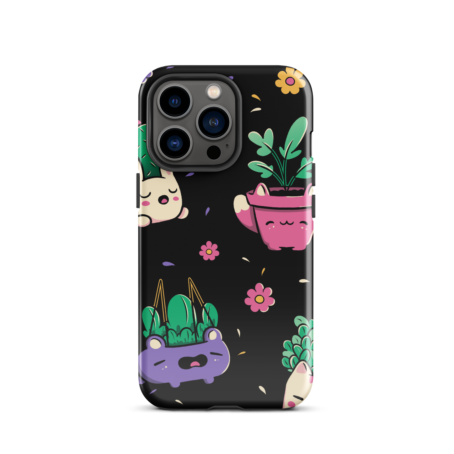 An endearing pattern featuring petite potted plants creatively shaped like adorable animals, arranged in a charming repeating composition. This enchanting design is perfect for plant enthusiasts who adore greenery and love surrounding themselves with whimsical, nature-inspired details.