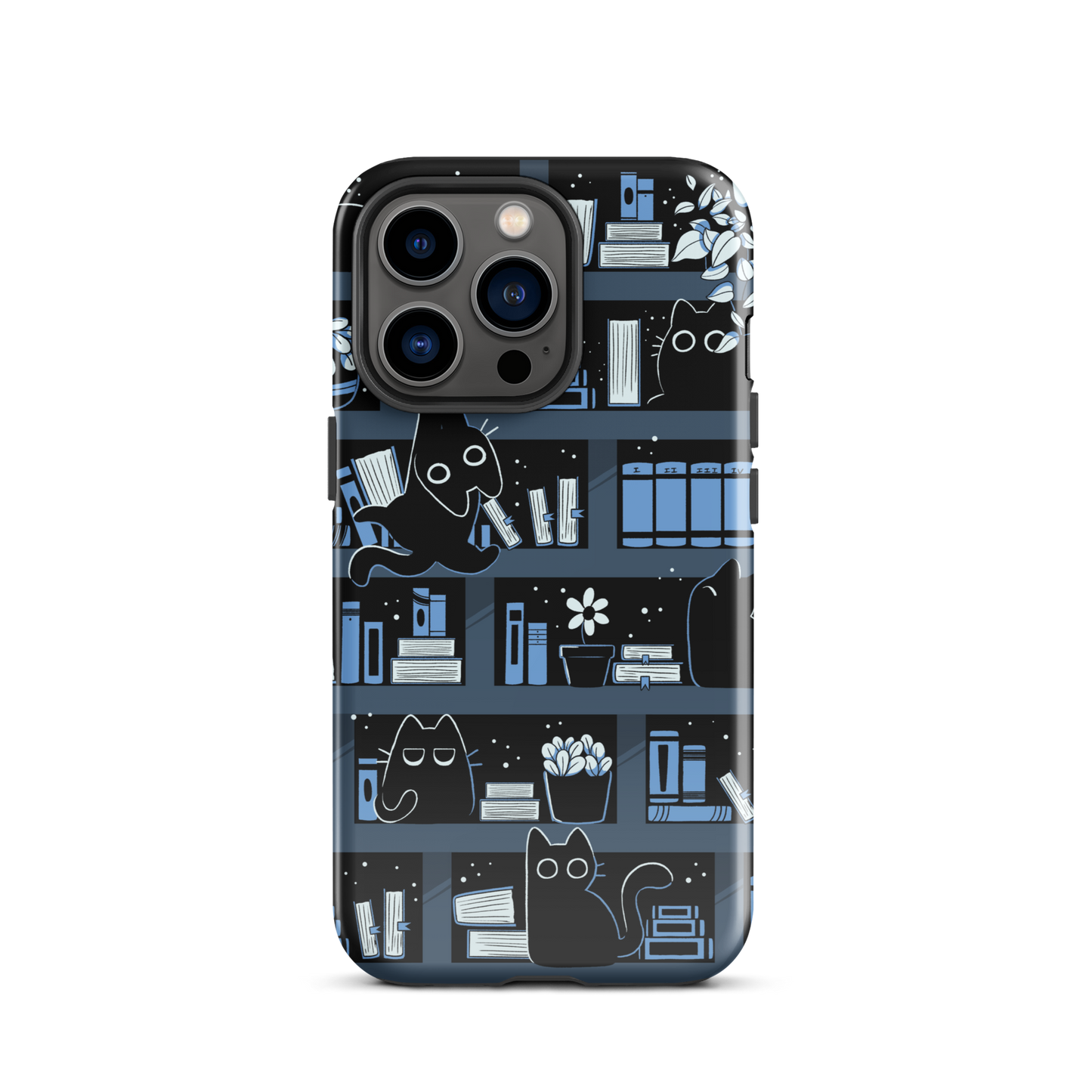 A pattern designed to resemble one large bookshelf filled with books, plants and playful little black kittens tucked between the shelves. An artwork in shades of black and blue, perfect for those who love cats, books and plants.