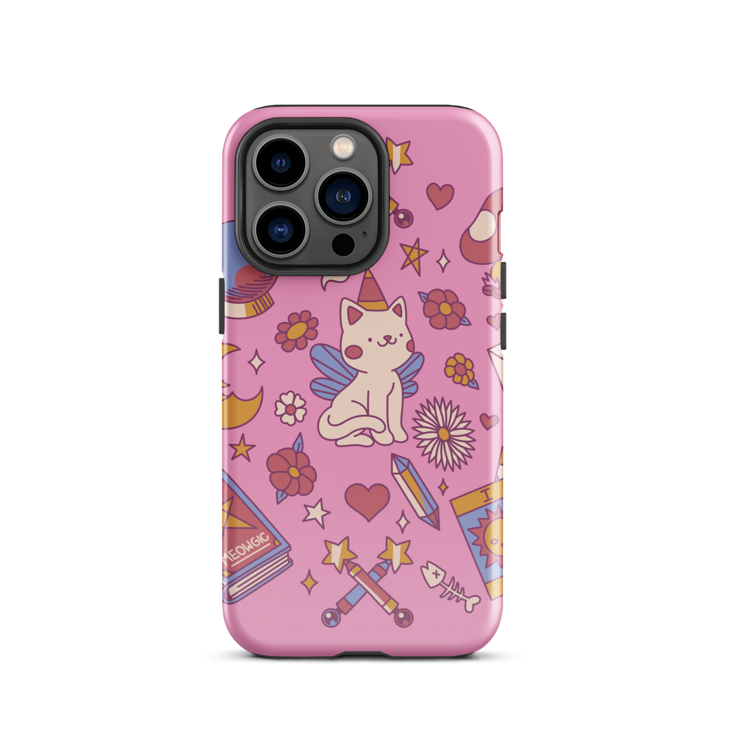 The artwork depicts a magical kitten with wings and a little hat, surrounded by crystals, flowers, tarot cards, mushrooms, and mystical elements in pastel shades. The design blends cute fantasy with colorful witchy aesthetics, creating an enchanting, lighthearted composition full of fun details. Perfect for lovers of cute mysticism, tarot, magical cats, and anyone who enjoys colorful prints with a magical vibe.