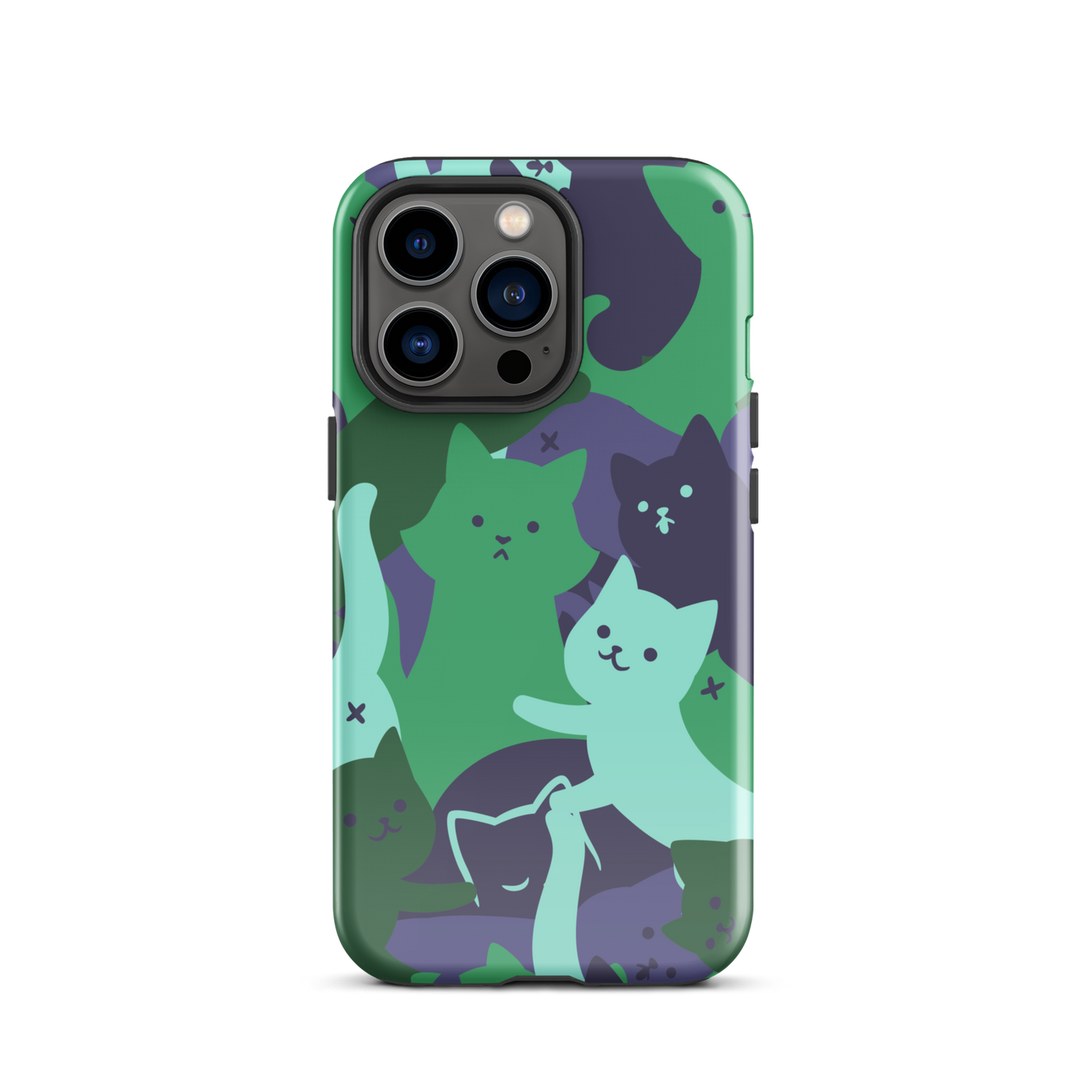 A playful pattern featuring multiple kittens in shades of green and blue, arranged to create a soft camouflage effect. This design blends cute cats with a modern pattern aesthetic, perfect for fans of fun, stylish, and whimsical art.