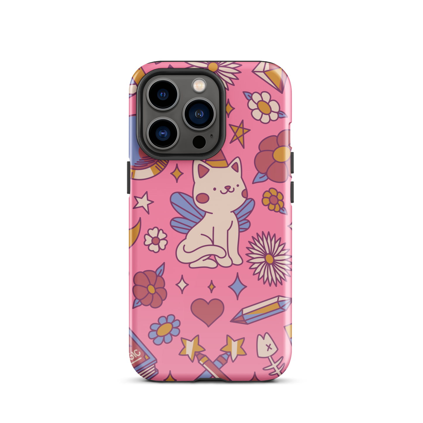 A seamless pattern featuring a magical winged kitten surrounded by crystals, flowers, tarot cards, mushrooms and other mystical elements in soft pastel tones. A playful and whimsical design with a cute, magical vibe.