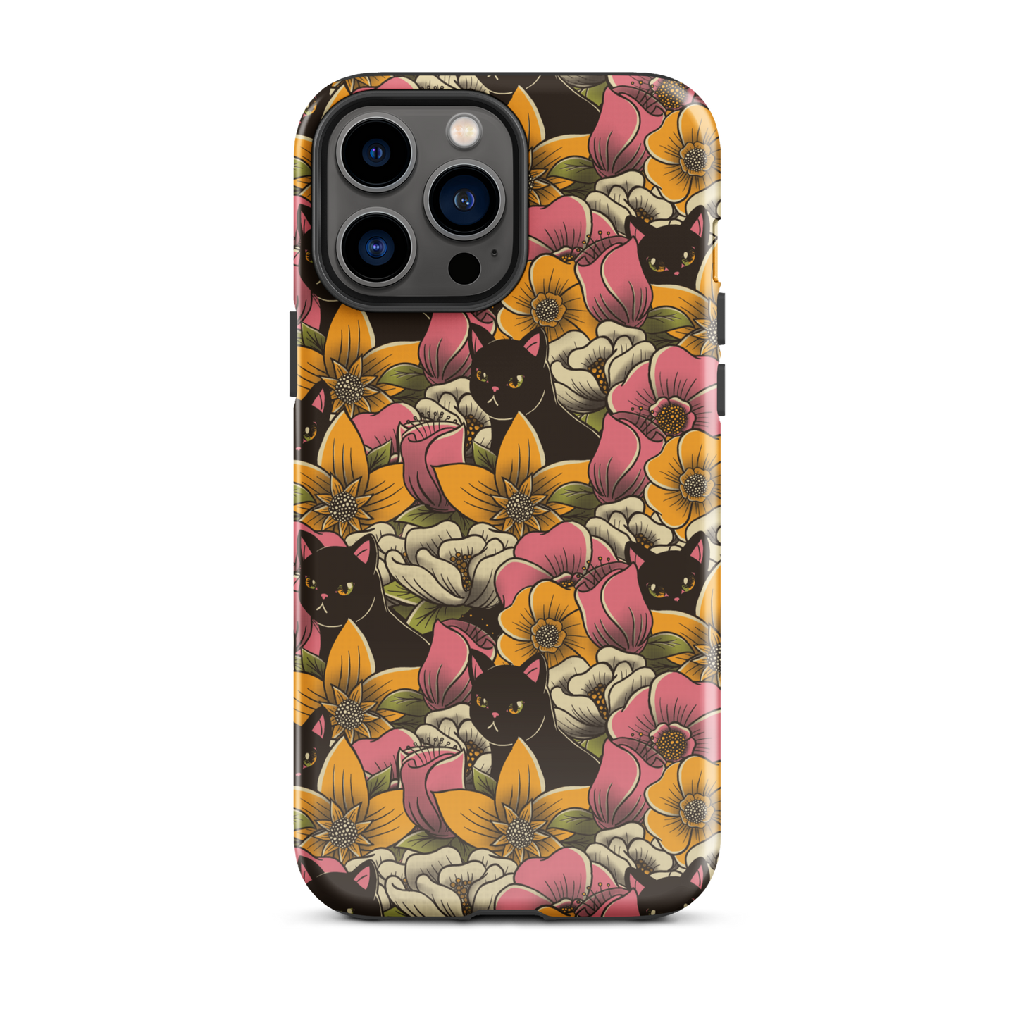 The image features a repeating pattern of colorful flowers in pink, yellow, and cream hues with lush green foliage. Interspersed among the flowers are playful black cats with bright eyes. The design has a whimsical and vibrant feel, ideal for various products like t-shirts, stickers, coffee cups, and skateboards. The style is reminiscent of traditional floral art blended with playful elements of animal decor.