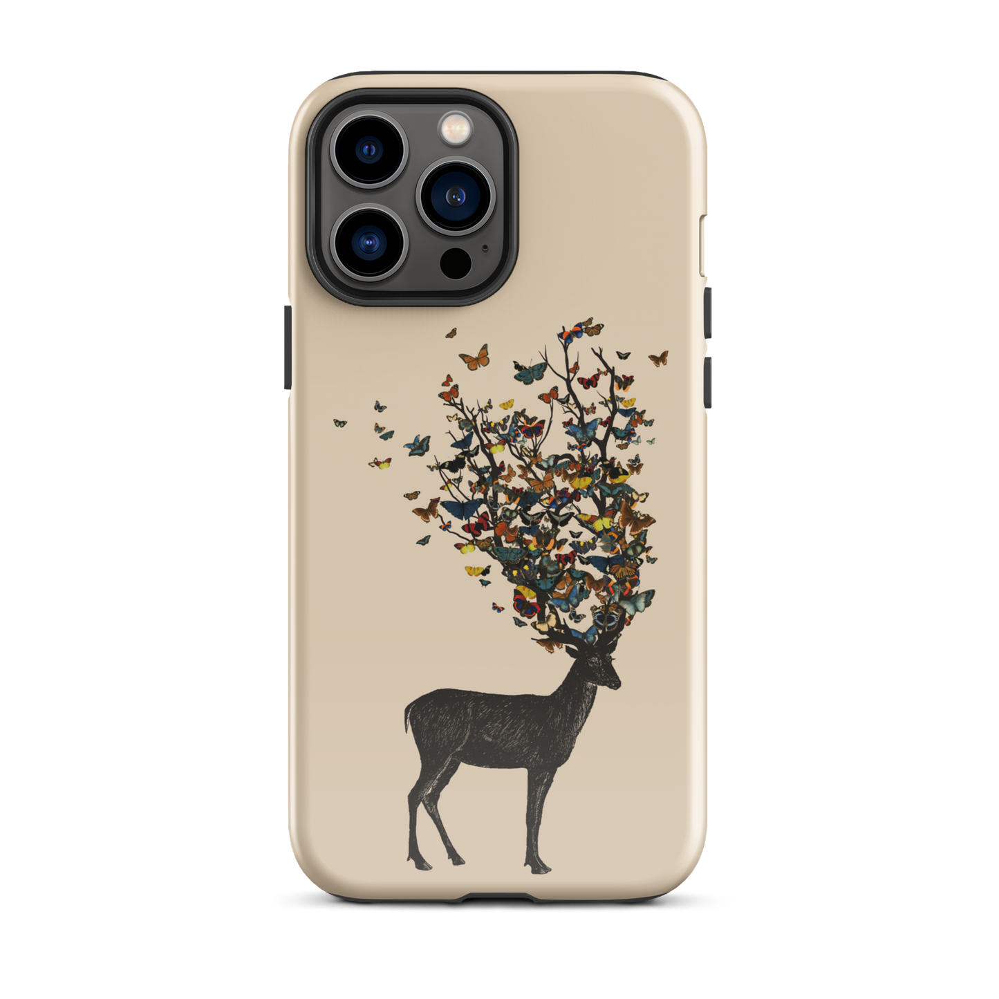 The image depicts a dark, silhouetted deer standing on a neutral background. Instead of branches, its antlers transform into a swirling cloud of vibrant, colorful butterflies that extend upwards and outward. The mix of organic and ethereal elements creates a captivating and whimsical visual contrast.