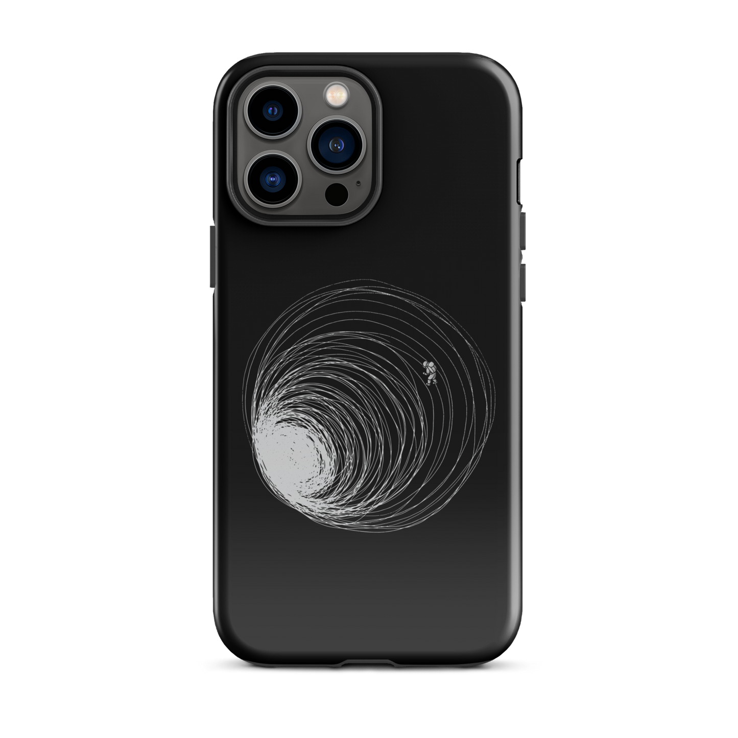 A big black hole with an astronaut floating around as if being sucked into it. A minimalist art perfect for those who love space.