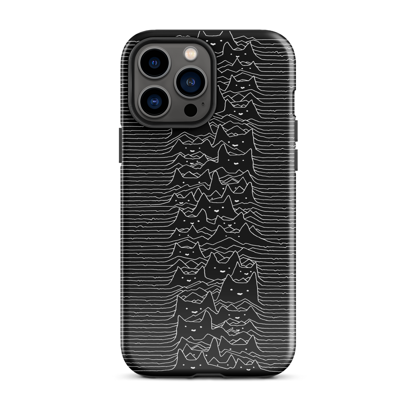 The drawing is a series of continuous wavy lines forming a pattern reminiscent of sound waves or topographic maps, but with an unexpected twist: the lines create the shapes of numerous cat faces stacked vertically. Each cat has simple, expressive features with pointed ears, adding a whimsical element to the otherwise structured pattern.