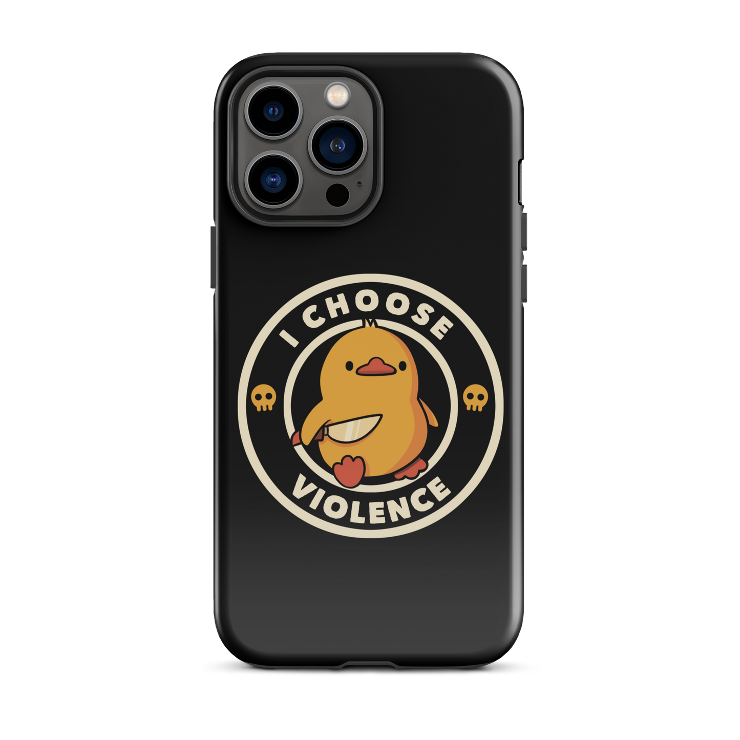 A cute, cartoon-style yellow duckling stands confidently holding a large knife in its wing. The duckling is encircled by text saying 'I CHOOSE VIOLENCE' in bold white letters. Small skull symbols flank the chick on either side, adding a touch of humor and irony to the otherwise adorable drawing.