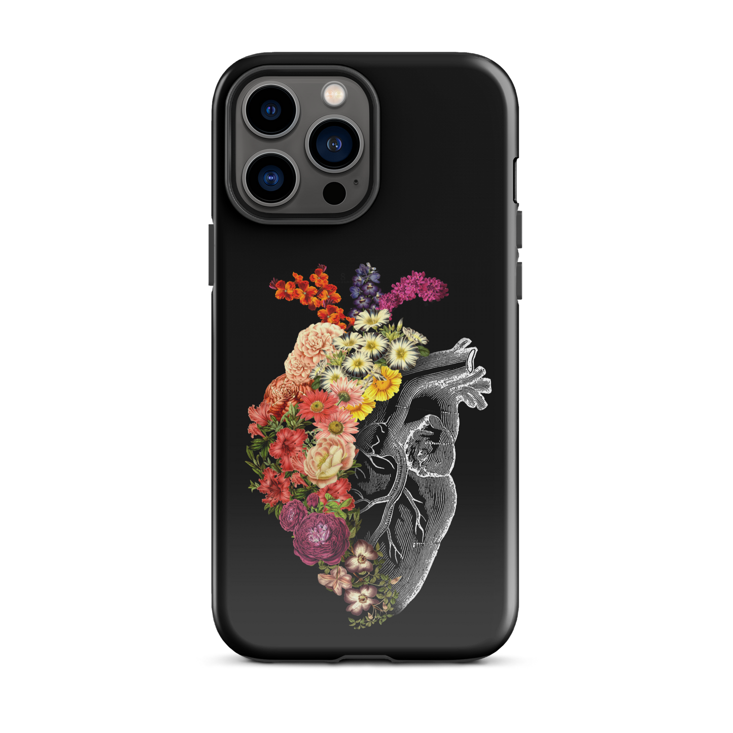 The design is an intricate and anatomical drawing of a human heart on a black background. The left side of the heart morphs into a vibrant assortment of colorful flowers, including roses, daisies, and other blooming blossoms, creating a striking contrast between the realistic and the surreal, symbolizing the harmony between nature and humanity.