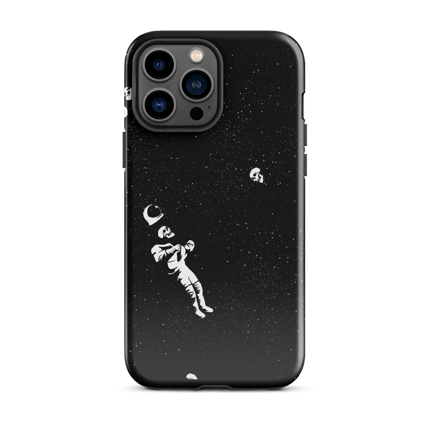 This image features a white astronaut figures floating in a dark, starry space background. The astronaut is surrounded by small celestial bodies and crescent moons, giving a sense of drifting through the cosmos. The design is intricate and has a whimsical, dreamy quality, with a vintage-inspired look, evoking a sense of exploration and wonder.