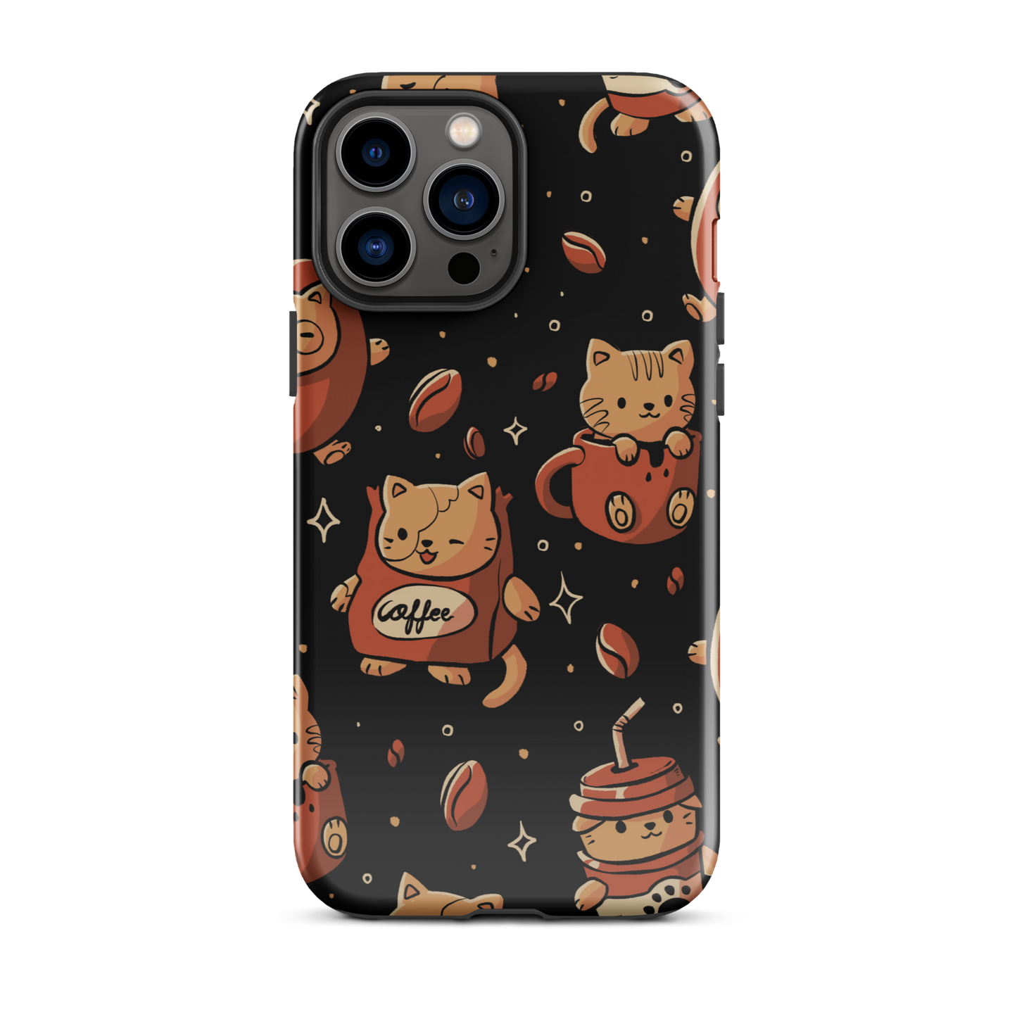 A pattern featuring several cute kittens appears in different coffee-themed versions: inside cups, as coffee beans, and on playful packaging. This artwork combines a love for cats and coffee in a charming and humorous composition. Perfect for cat lovers, coffee lovers, baristas, and anyone who enjoys cute and cozy designs.