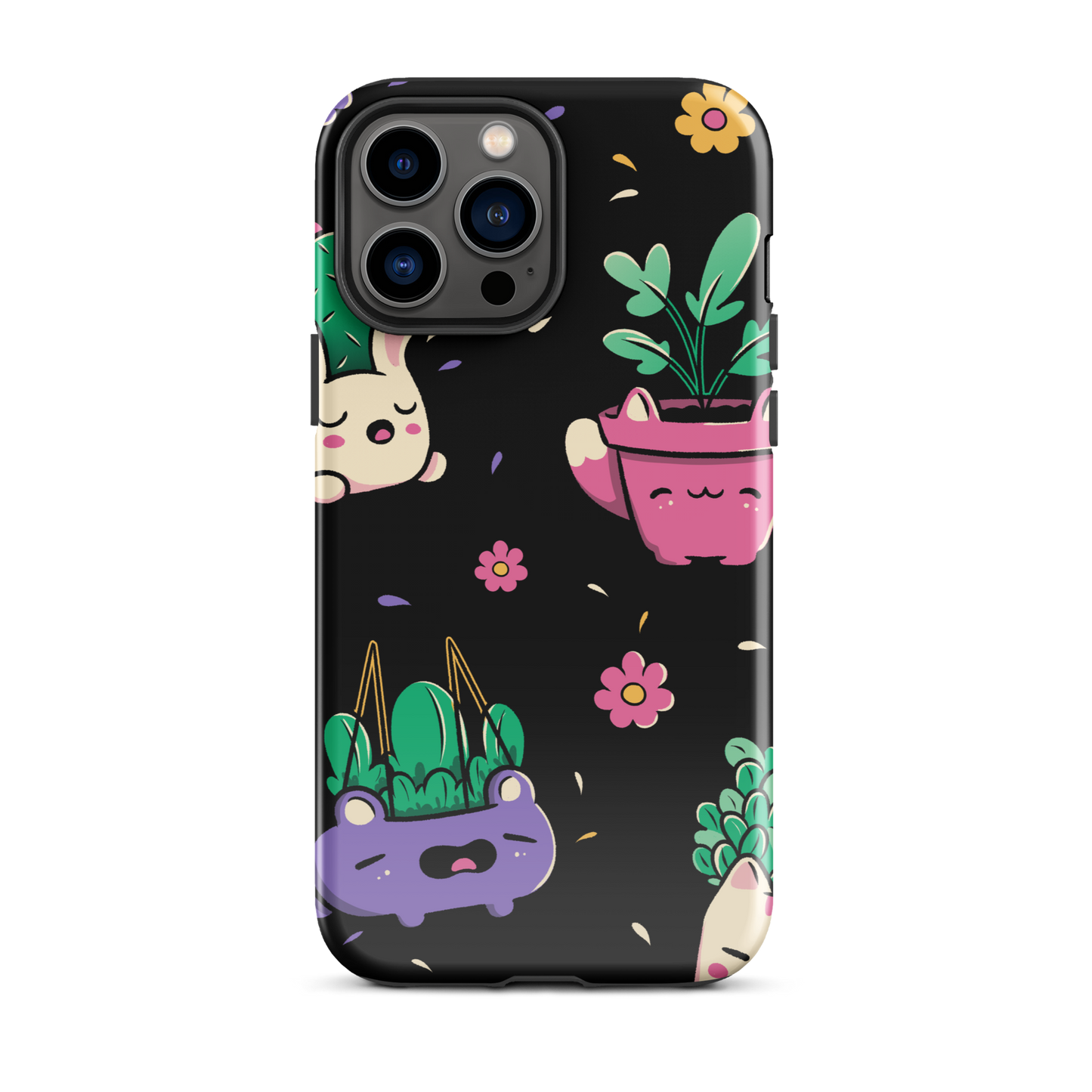 An endearing pattern featuring petite potted plants creatively shaped like adorable animals, arranged in a charming repeating composition. This enchanting design is perfect for plant enthusiasts who adore greenery and love surrounding themselves with whimsical, nature-inspired details.