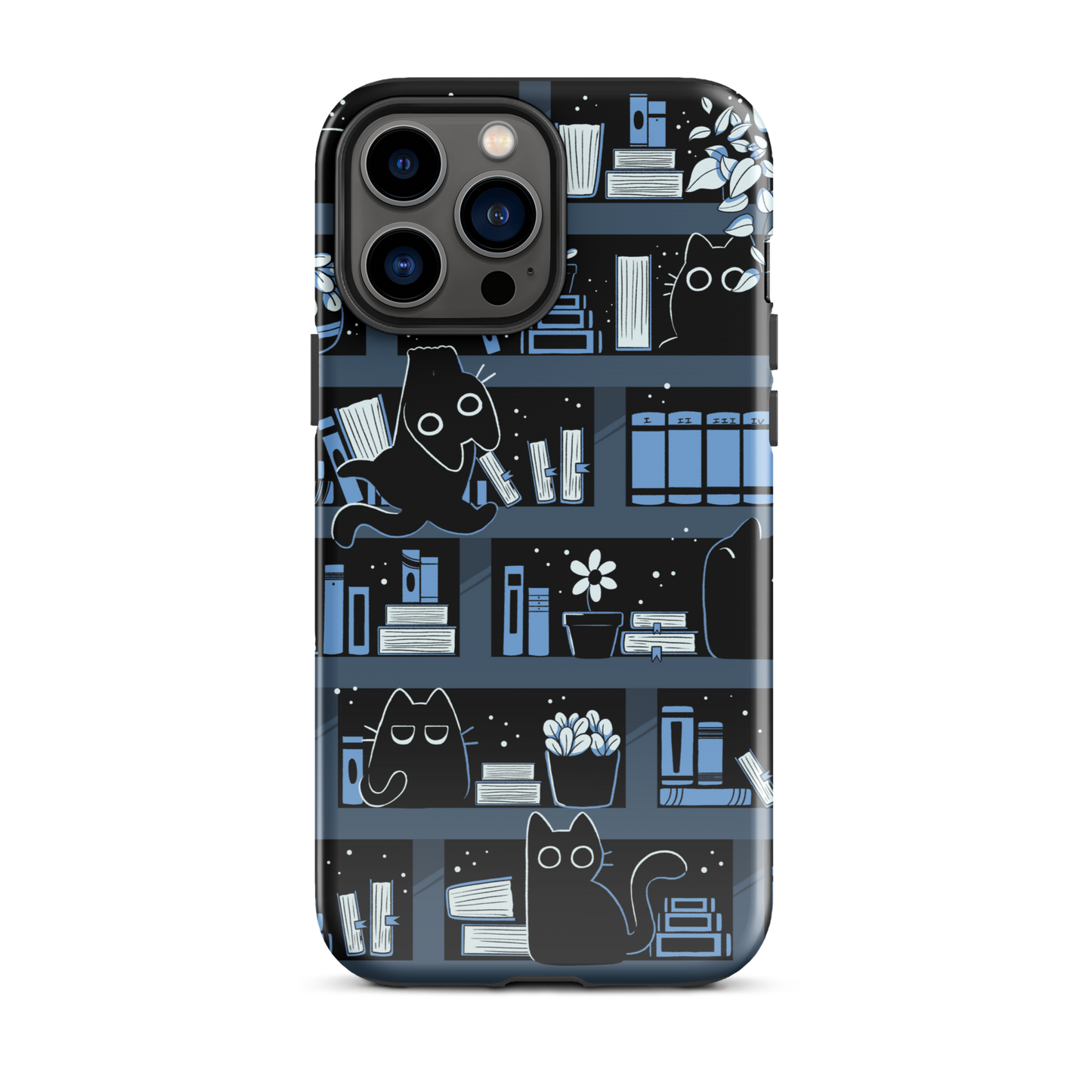 A pattern designed to resemble one large bookshelf filled with books, plants and playful little black kittens tucked between the shelves. An artwork in shades of black and blue, perfect for those who love cats, books and plants.
