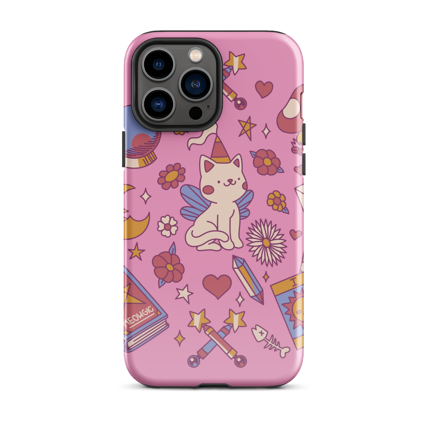 The artwork depicts a magical kitten with wings and a little hat, surrounded by crystals, flowers, tarot cards, mushrooms, and mystical elements in pastel shades. The design blends cute fantasy with colorful witchy aesthetics, creating an enchanting, lighthearted composition full of fun details. Perfect for lovers of cute mysticism, tarot, magical cats, and anyone who enjoys colorful prints with a magical vibe.