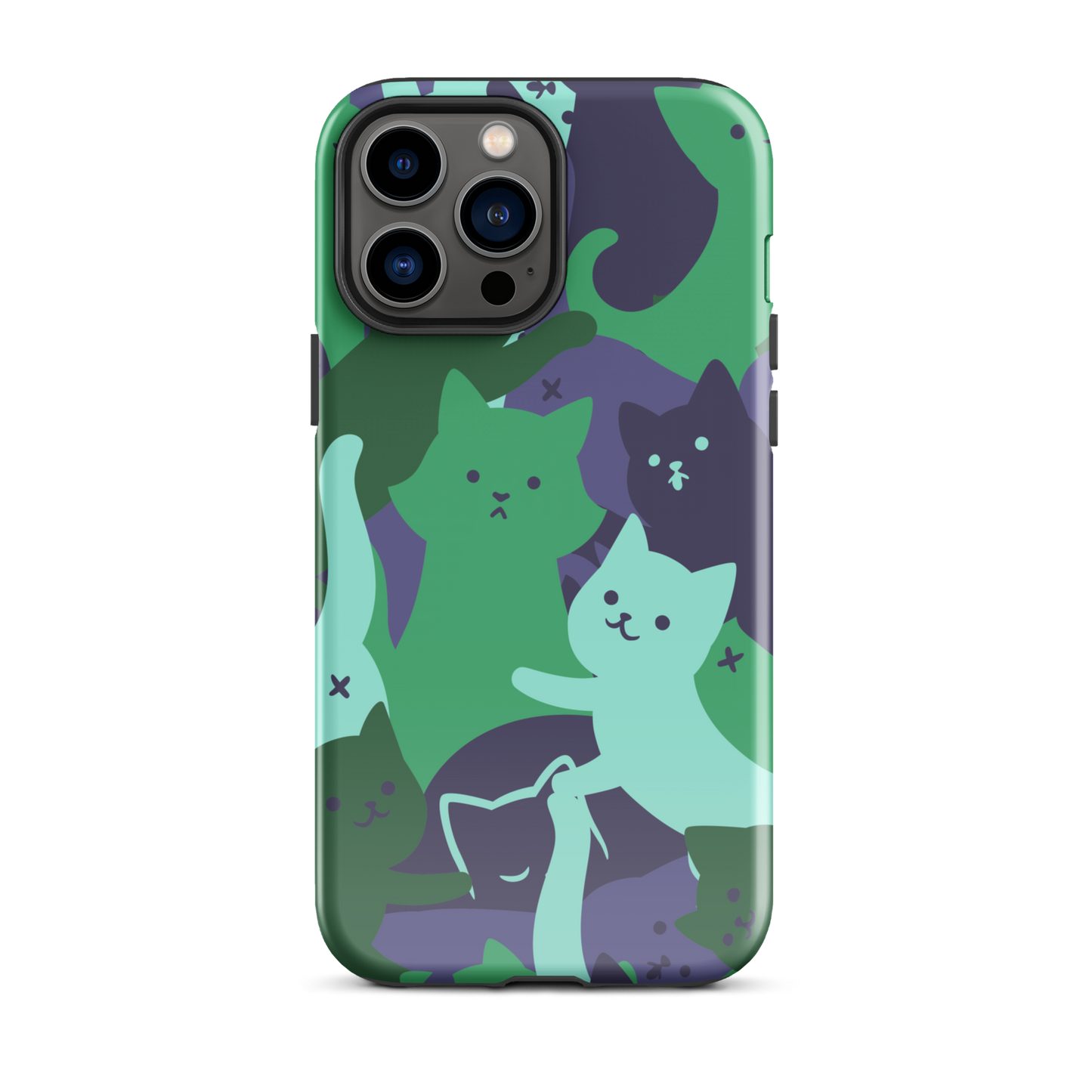 A playful pattern featuring multiple kittens in shades of green and blue, arranged to create a soft camouflage effect. This design blends cute cats with a modern pattern aesthetic, perfect for fans of fun, stylish, and whimsical art.