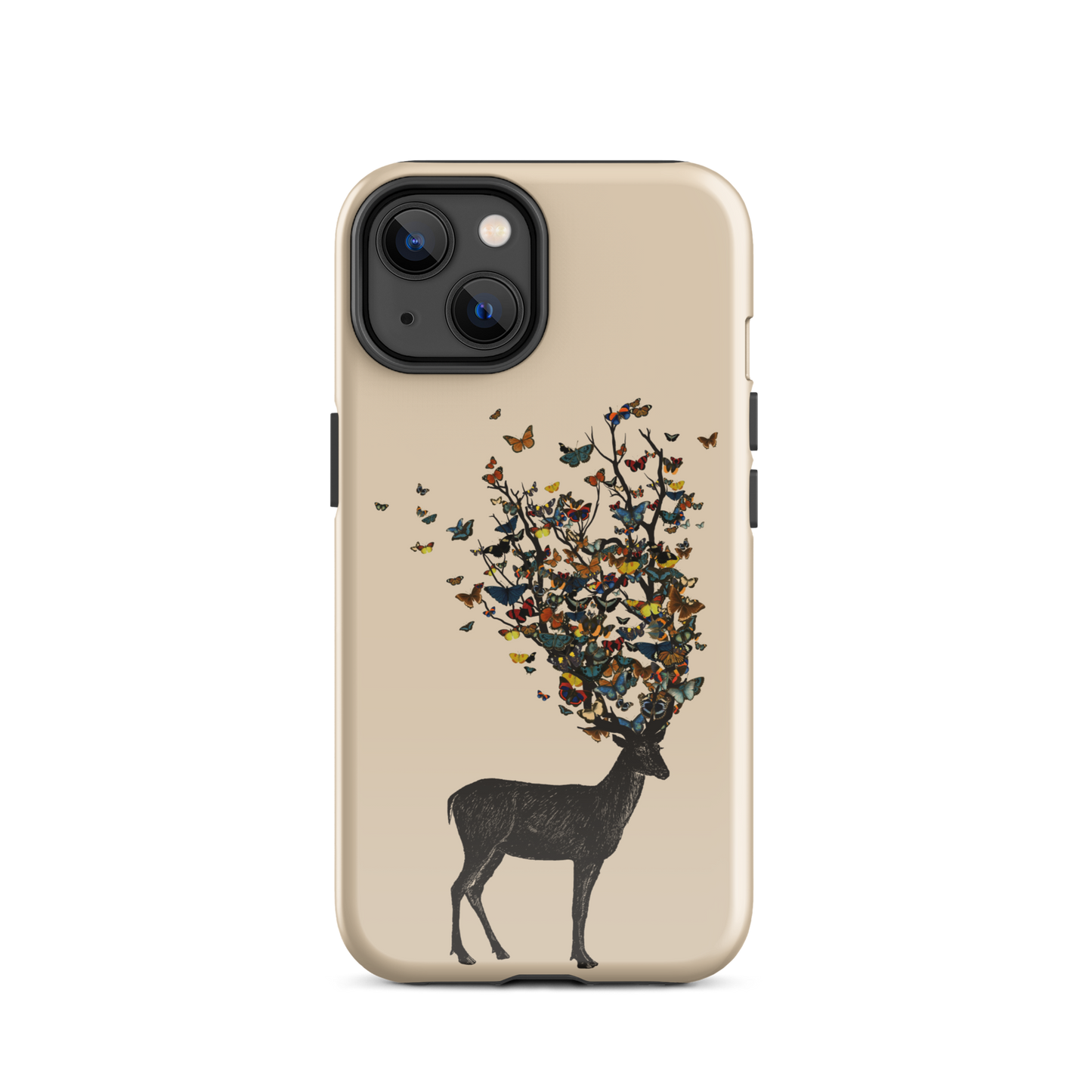 The image depicts a dark, silhouetted deer standing on a neutral background. Instead of branches, its antlers transform into a swirling cloud of vibrant, colorful butterflies that extend upwards and outward. The mix of organic and ethereal elements creates a captivating and whimsical visual contrast.