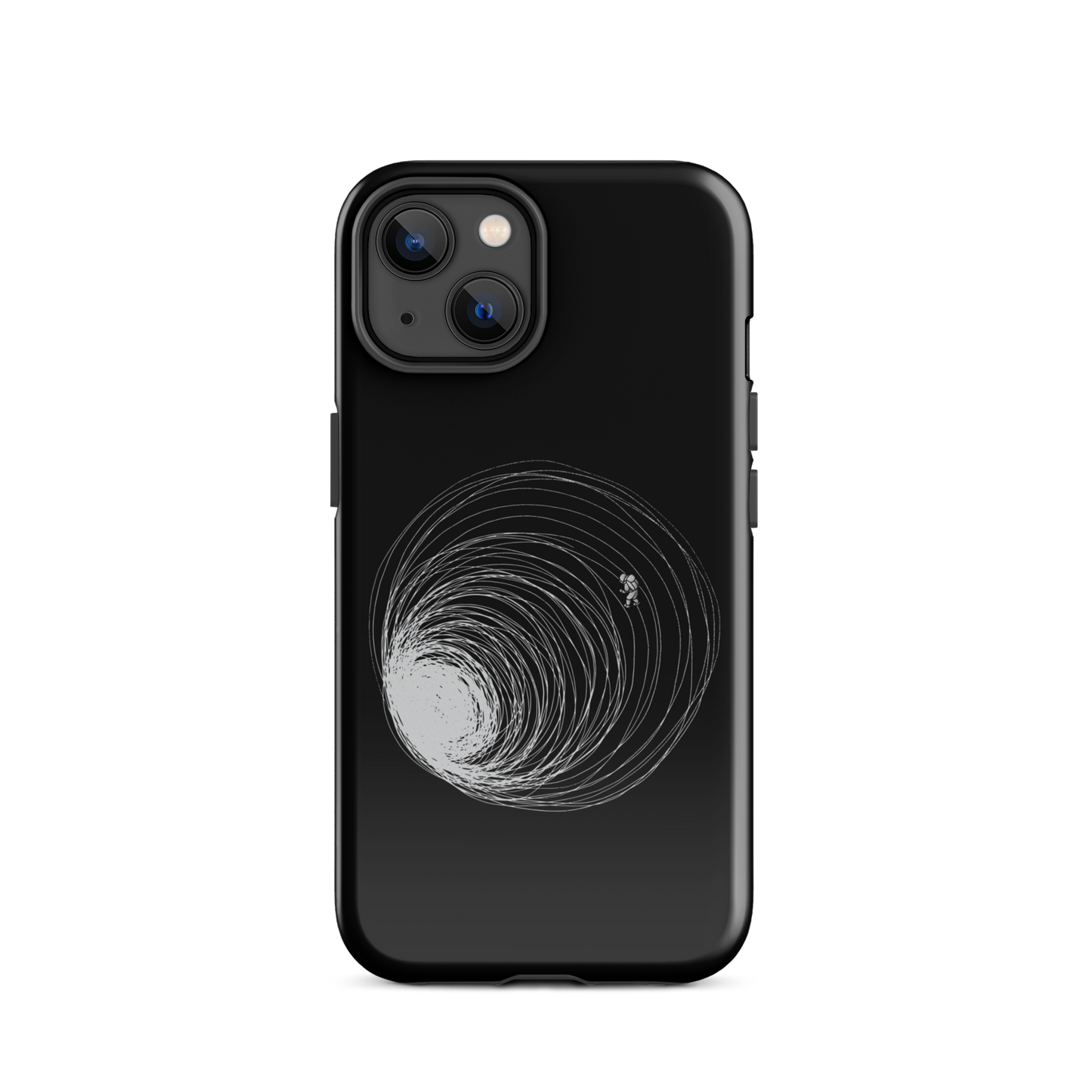 A big black hole with an astronaut floating around as if being sucked into it. A minimalist art perfect for those who love space.