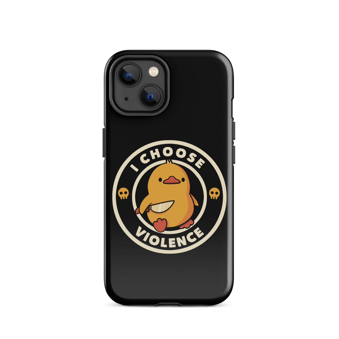 A cute, cartoon-style yellow duckling stands confidently holding a large knife in its wing. The duckling is encircled by text saying 'I CHOOSE VIOLENCE' in bold white letters. Small skull symbols flank the chick on either side, adding a touch of humor and irony to the otherwise adorable drawing.