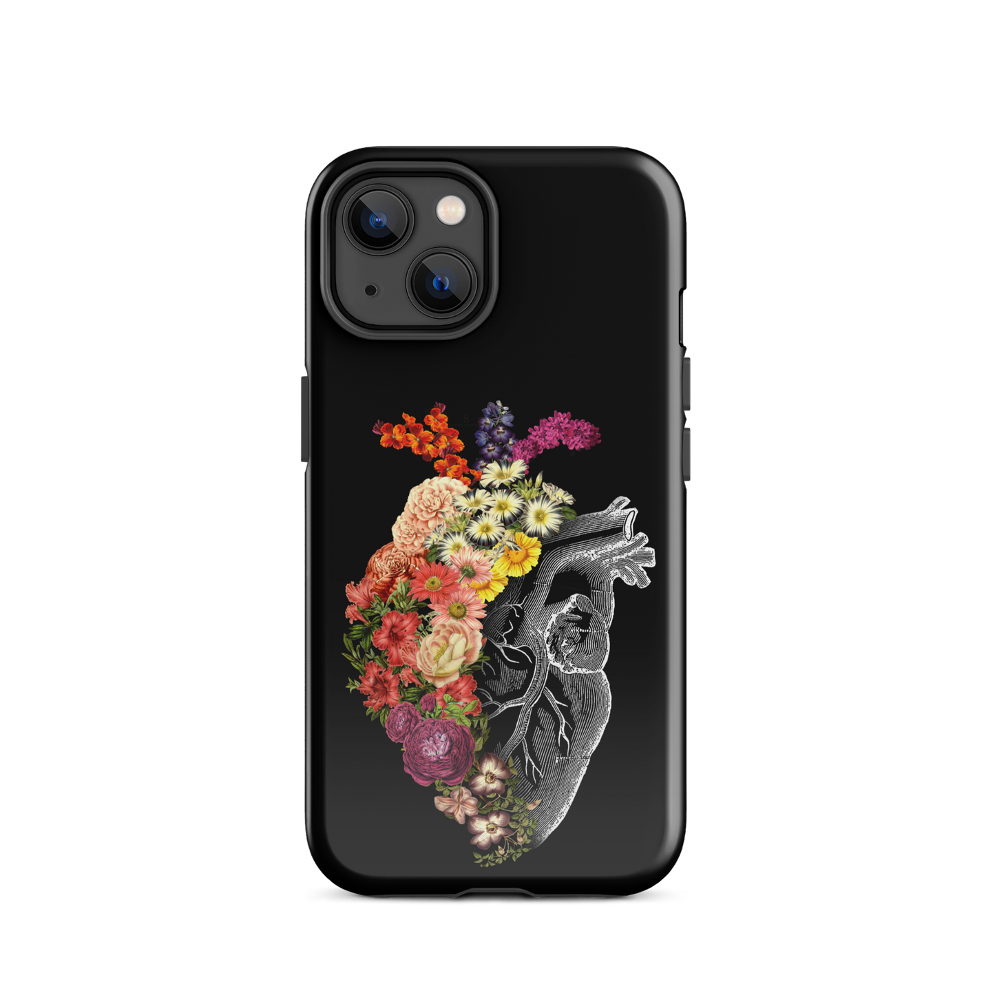 The design is an intricate and anatomical drawing of a human heart on a black background. The left side of the heart morphs into a vibrant assortment of colorful flowers, including roses, daisies, and other blooming blossoms, creating a striking contrast between the realistic and the surreal, symbolizing the harmony between nature and humanity.