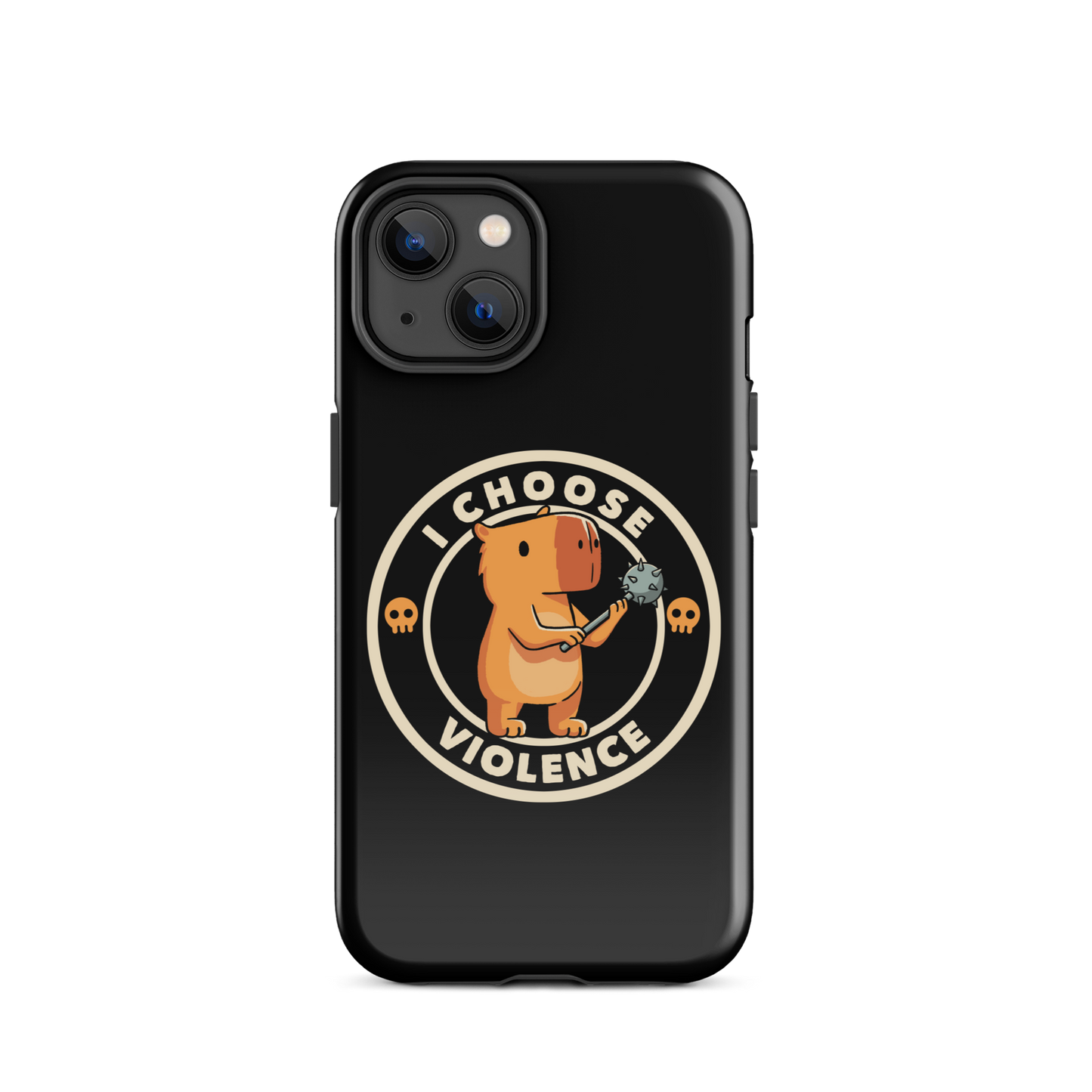 A cute, cartoonish burnt yellow capybara stands holding a spiked mace with a determined expression. Surrounding it is a circular design with the text 'I CHOOSE VIOLENCE' and two small skulls on either side, giving it a humorous yet ironic tone.