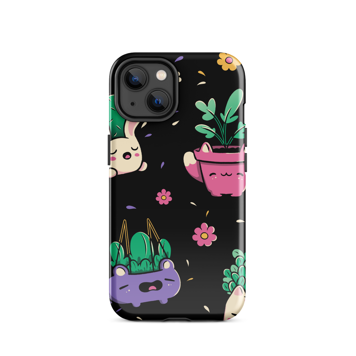 An endearing pattern featuring petite potted plants creatively shaped like adorable animals, arranged in a charming repeating composition. This enchanting design is perfect for plant enthusiasts who adore greenery and love surrounding themselves with whimsical, nature-inspired details.