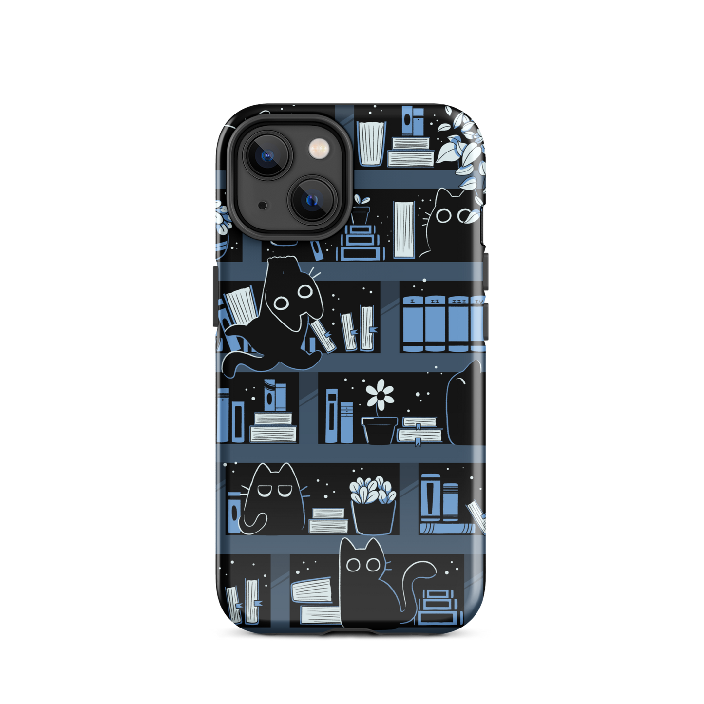 A pattern designed to resemble one large bookshelf filled with books, plants and playful little black kittens tucked between the shelves. An artwork in shades of black and blue, perfect for those who love cats, books and plants.