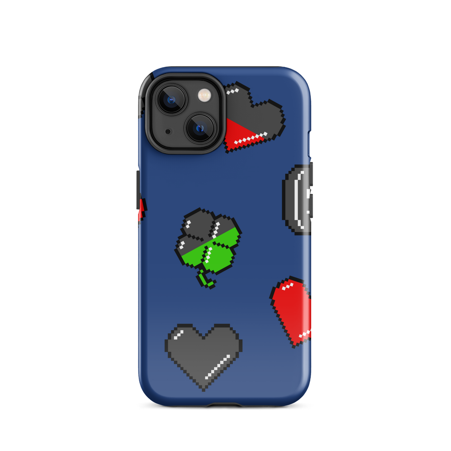 A repeating pattern made of 8-bit video game icons like hearts, four-leaf clovers, and coins. A nostalgic pixel art design inspired by classic games and retro digital culture.