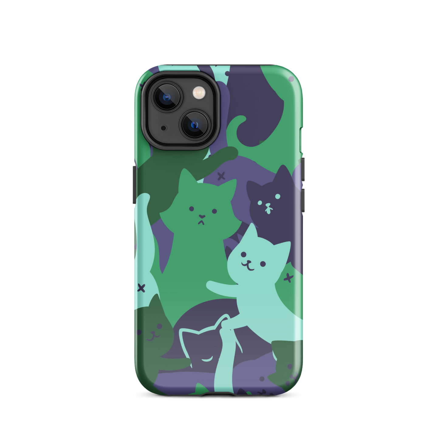 A playful pattern featuring multiple kittens in shades of green and blue, arranged to create a soft camouflage effect. This design blends cute cats with a modern pattern aesthetic, perfect for fans of fun, stylish, and whimsical art.