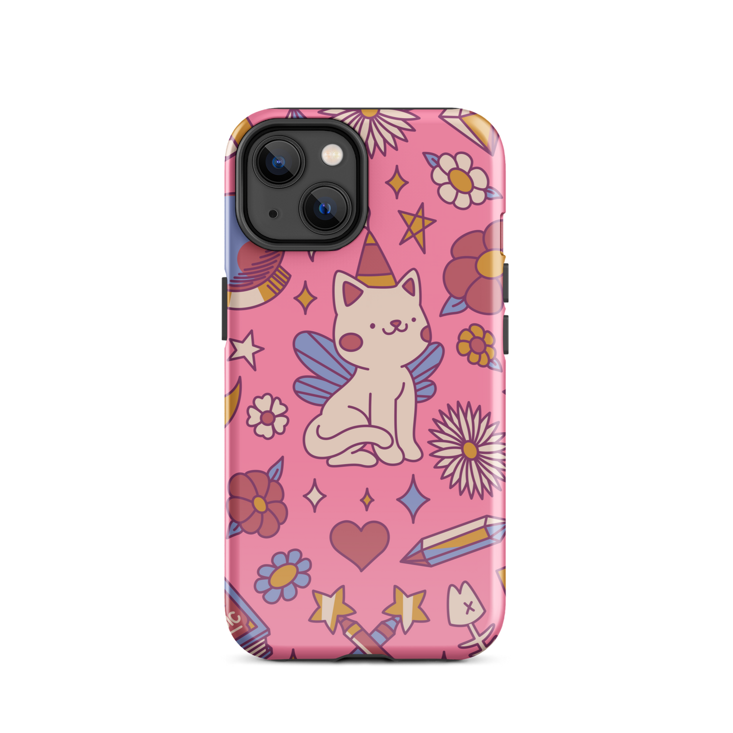 A seamless pattern featuring a magical winged kitten surrounded by crystals, flowers, tarot cards, mushrooms and other mystical elements in soft pastel tones. A playful and whimsical design with a cute, magical vibe.