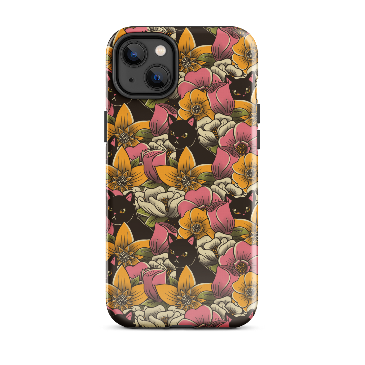 The image features a repeating pattern of colorful flowers in pink, yellow, and cream hues with lush green foliage. Interspersed among the flowers are playful black cats with bright eyes. The design has a whimsical and vibrant feel, ideal for various products like t-shirts, stickers, coffee cups, and skateboards. The style is reminiscent of traditional floral art blended with playful elements of animal decor.