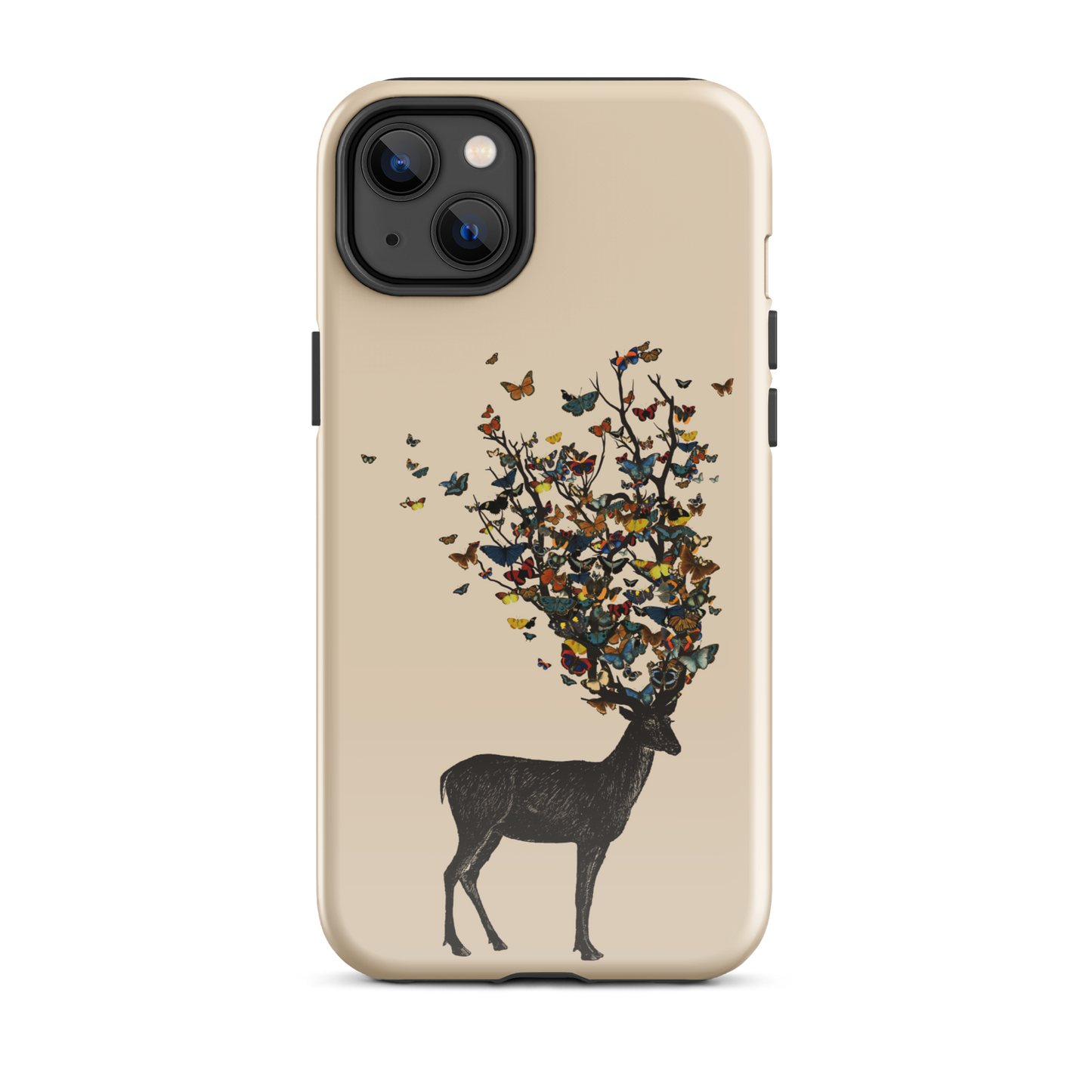 The image depicts a dark, silhouetted deer standing on a neutral background. Instead of branches, its antlers transform into a swirling cloud of vibrant, colorful butterflies that extend upwards and outward. The mix of organic and ethereal elements creates a captivating and whimsical visual contrast.