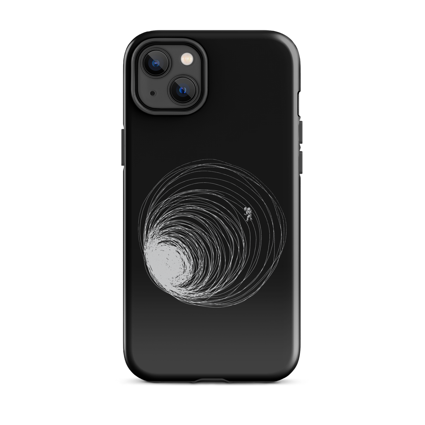 A big black hole with an astronaut floating around as if being sucked into it. A minimalist art perfect for those who love space.