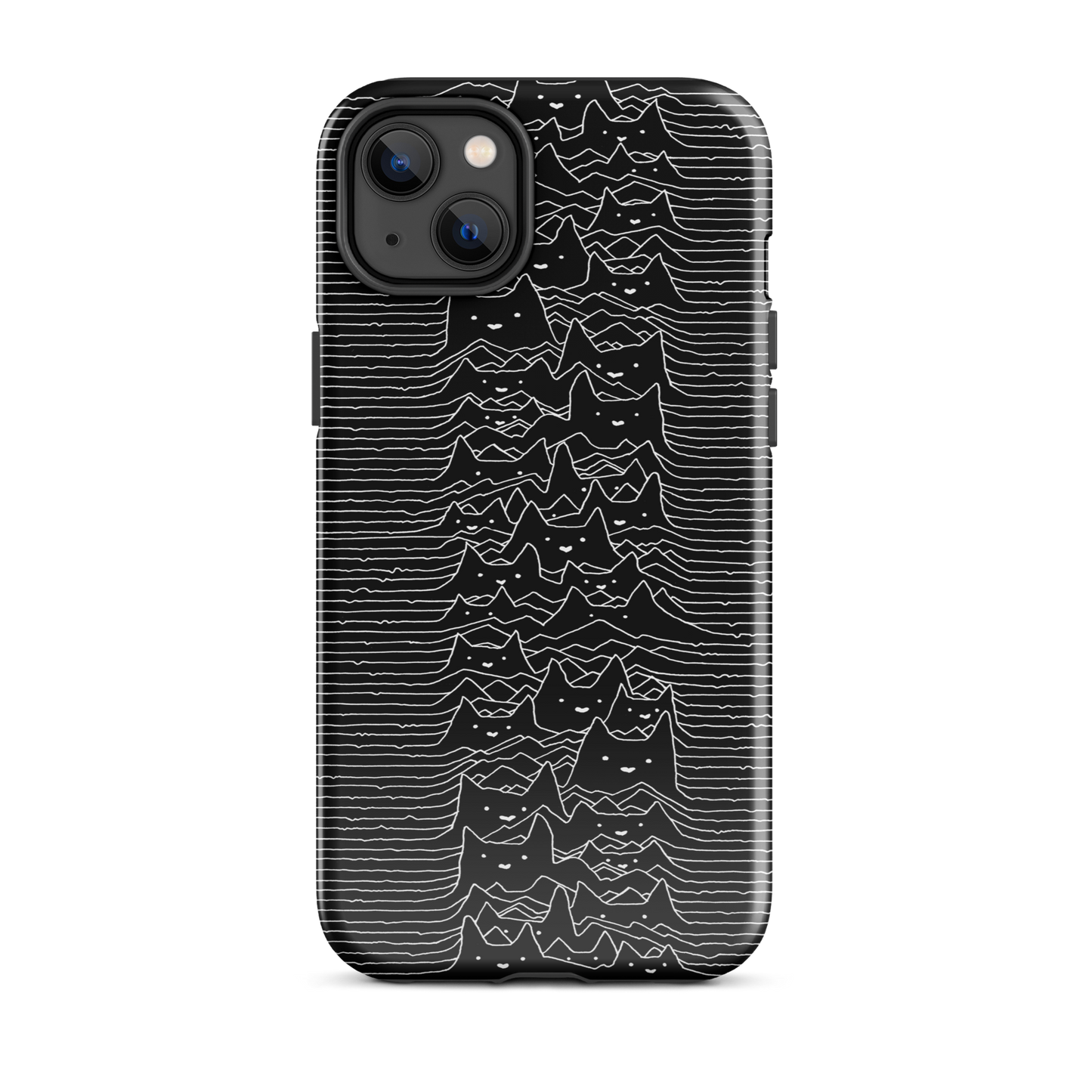 The drawing is a series of continuous wavy lines forming a pattern reminiscent of sound waves or topographic maps, but with an unexpected twist: the lines create the shapes of numerous cat faces stacked vertically. Each cat has simple, expressive features with pointed ears, adding a whimsical element to the otherwise structured pattern.