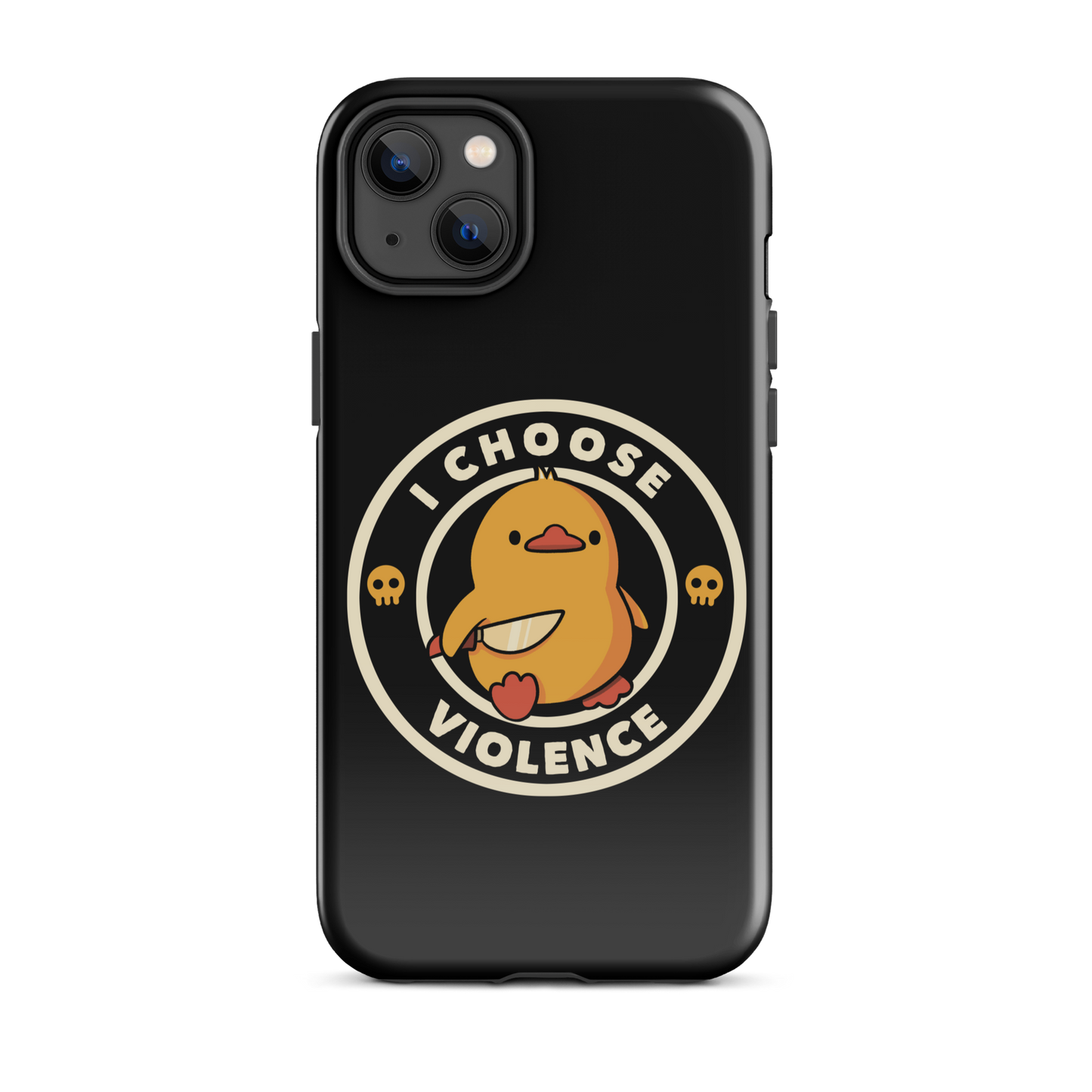 A cute, cartoon-style yellow duckling stands confidently holding a large knife in its wing. The duckling is encircled by text saying 'I CHOOSE VIOLENCE' in bold white letters. Small skull symbols flank the chick on either side, adding a touch of humor and irony to the otherwise adorable drawing.