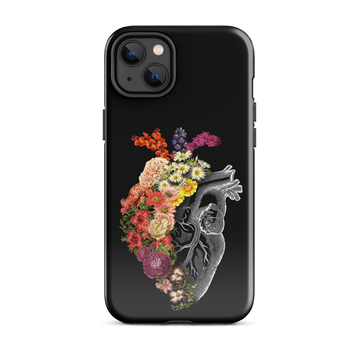 The design is an intricate and anatomical drawing of a human heart on a black background. The left side of the heart morphs into a vibrant assortment of colorful flowers, including roses, daisies, and other blooming blossoms, creating a striking contrast between the realistic and the surreal, symbolizing the harmony between nature and humanity.