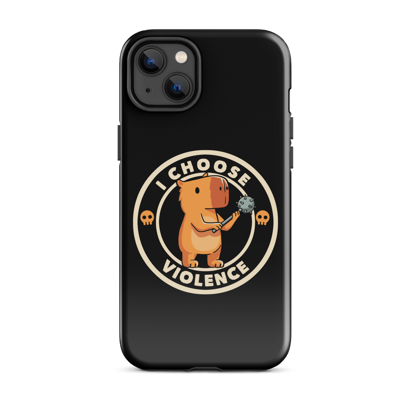 A cute, cartoonish burnt yellow capybara stands holding a spiked mace with a determined expression. Surrounding it is a circular design with the text 'I CHOOSE VIOLENCE' and two small skulls on either side, giving it a humorous yet ironic tone.