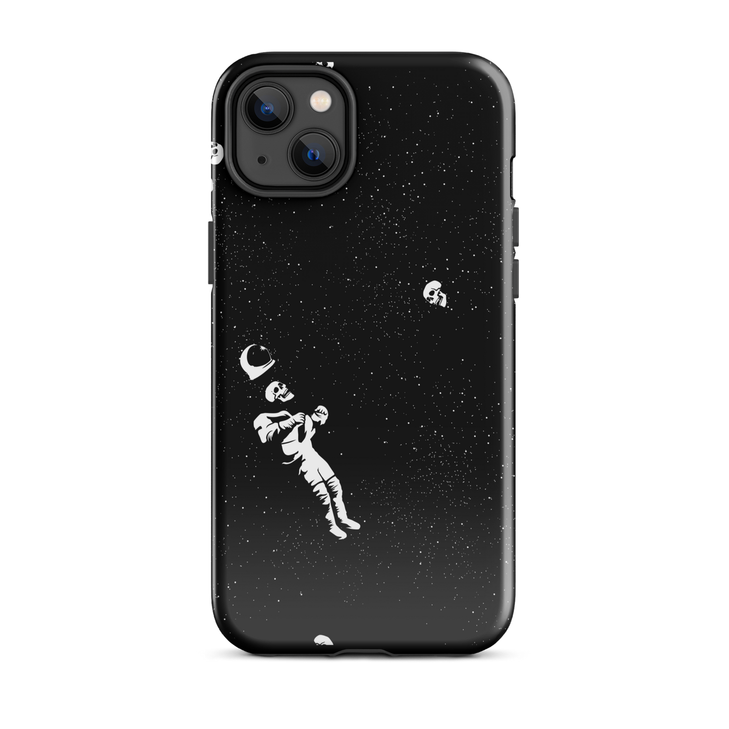 This image features a white astronaut figures floating in a dark, starry space background. The astronaut is surrounded by small celestial bodies and crescent moons, giving a sense of drifting through the cosmos. The design is intricate and has a whimsical, dreamy quality, with a vintage-inspired look, evoking a sense of exploration and wonder.
