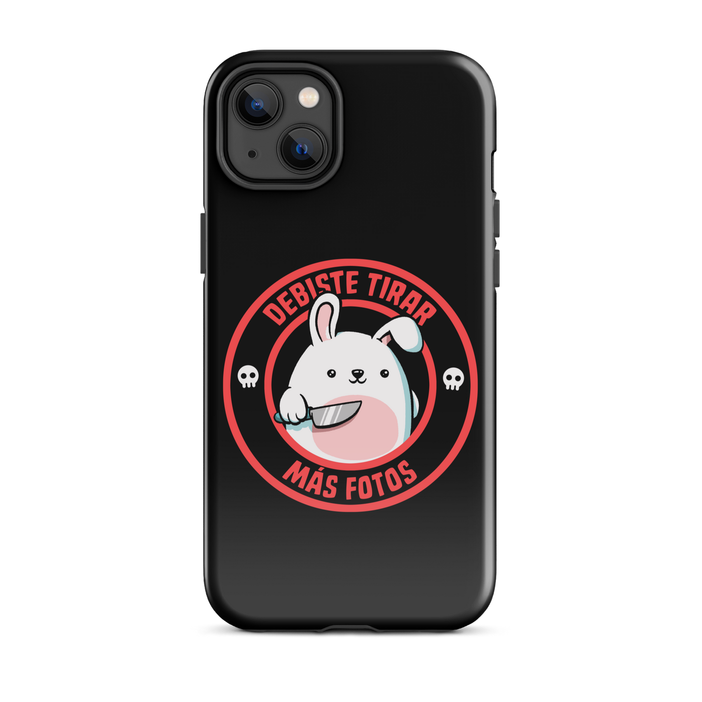 A cute white cartoon bunny with a pink belly stands holding a large kitchen knife in one paw. Surrounding the bunny is a red circular border with the words 'DEBISTE TIRAR MÁS FOTOS'. Small skull icons are on either side of the circle. The overall tone is a mix of adorable and ironic humor.