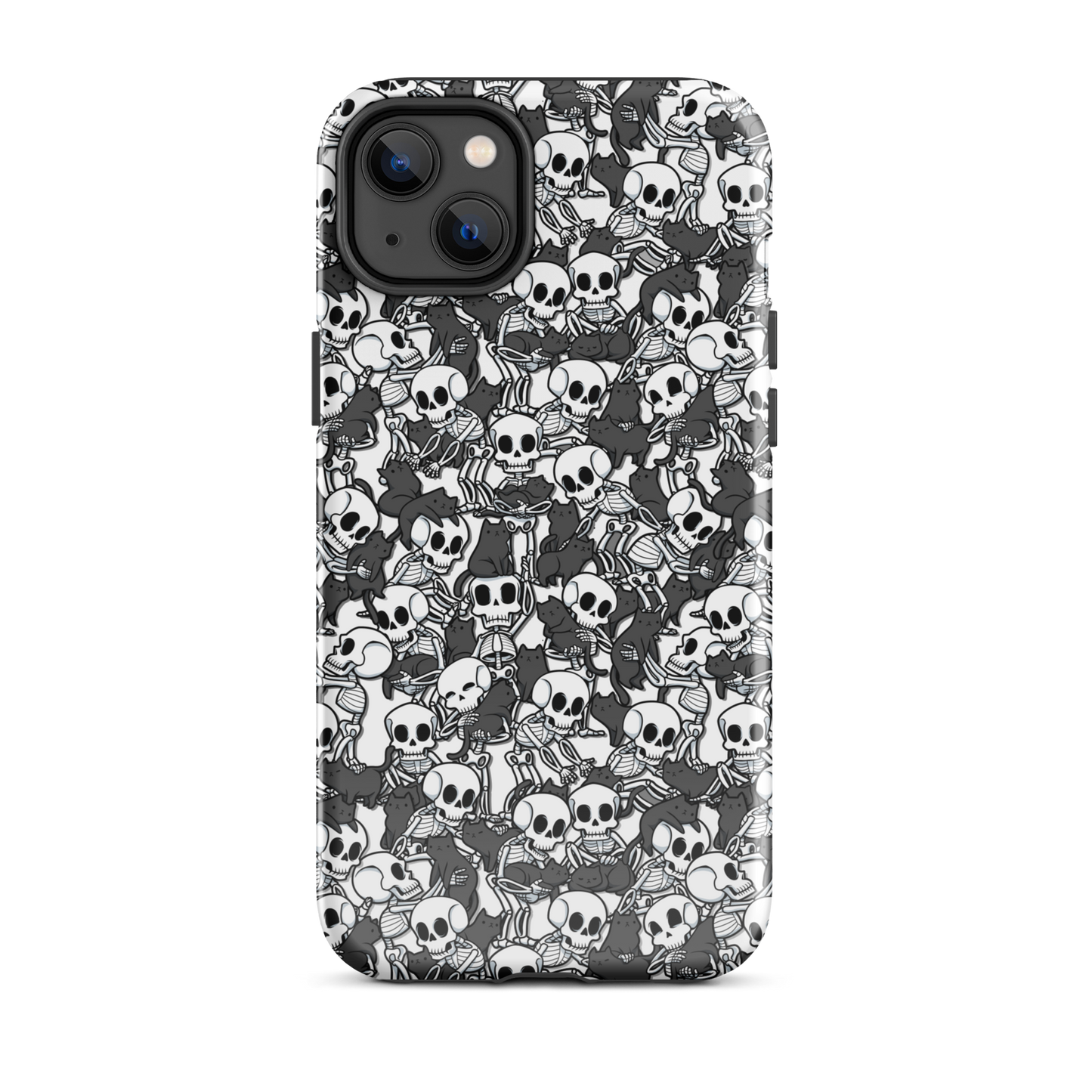 This artwork shows a playful pattern of cartoon skeletons cuddling and interacting with adorable black cats. It blends spooky charm with cozy, humorous vibes, creating a perfect aesthetic between macabre and cute. Ideal for fans of Halloween, gothic aesthetics, or anyone who loves fun prints with personality.