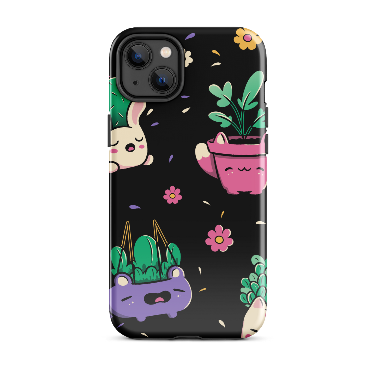 An endearing pattern featuring petite potted plants creatively shaped like adorable animals, arranged in a charming repeating composition. This enchanting design is perfect for plant enthusiasts who adore greenery and love surrounding themselves with whimsical, nature-inspired details.