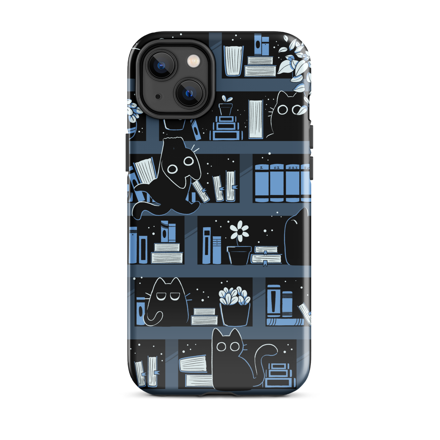 A pattern designed to resemble one large bookshelf filled with books, plants and playful little black kittens tucked between the shelves. An artwork in shades of black and blue, perfect for those who love cats, books and plants.
