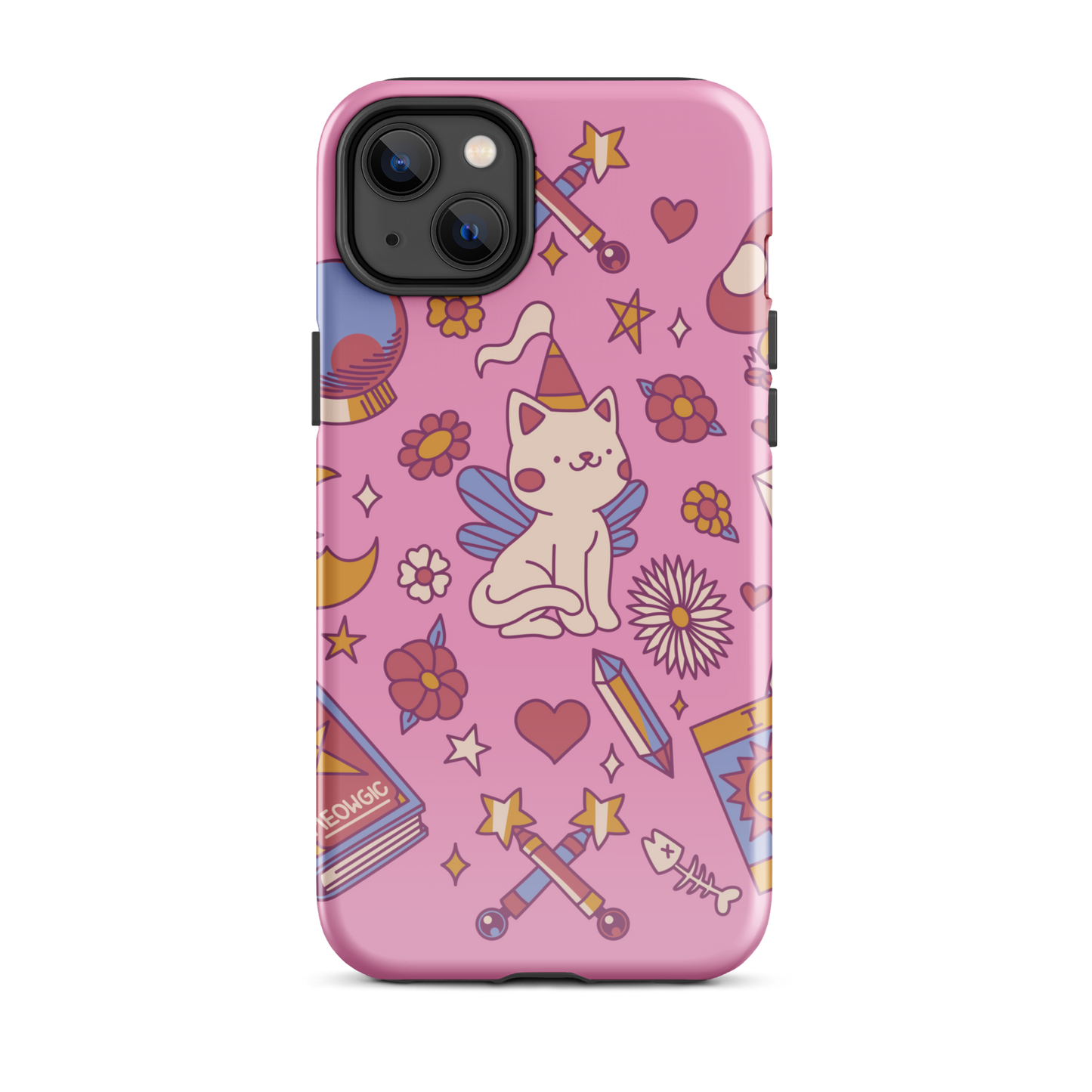 The artwork depicts a magical kitten with wings and a little hat, surrounded by crystals, flowers, tarot cards, mushrooms, and mystical elements in pastel shades. The design blends cute fantasy with colorful witchy aesthetics, creating an enchanting, lighthearted composition full of fun details. Perfect for lovers of cute mysticism, tarot, magical cats, and anyone who enjoys colorful prints with a magical vibe.