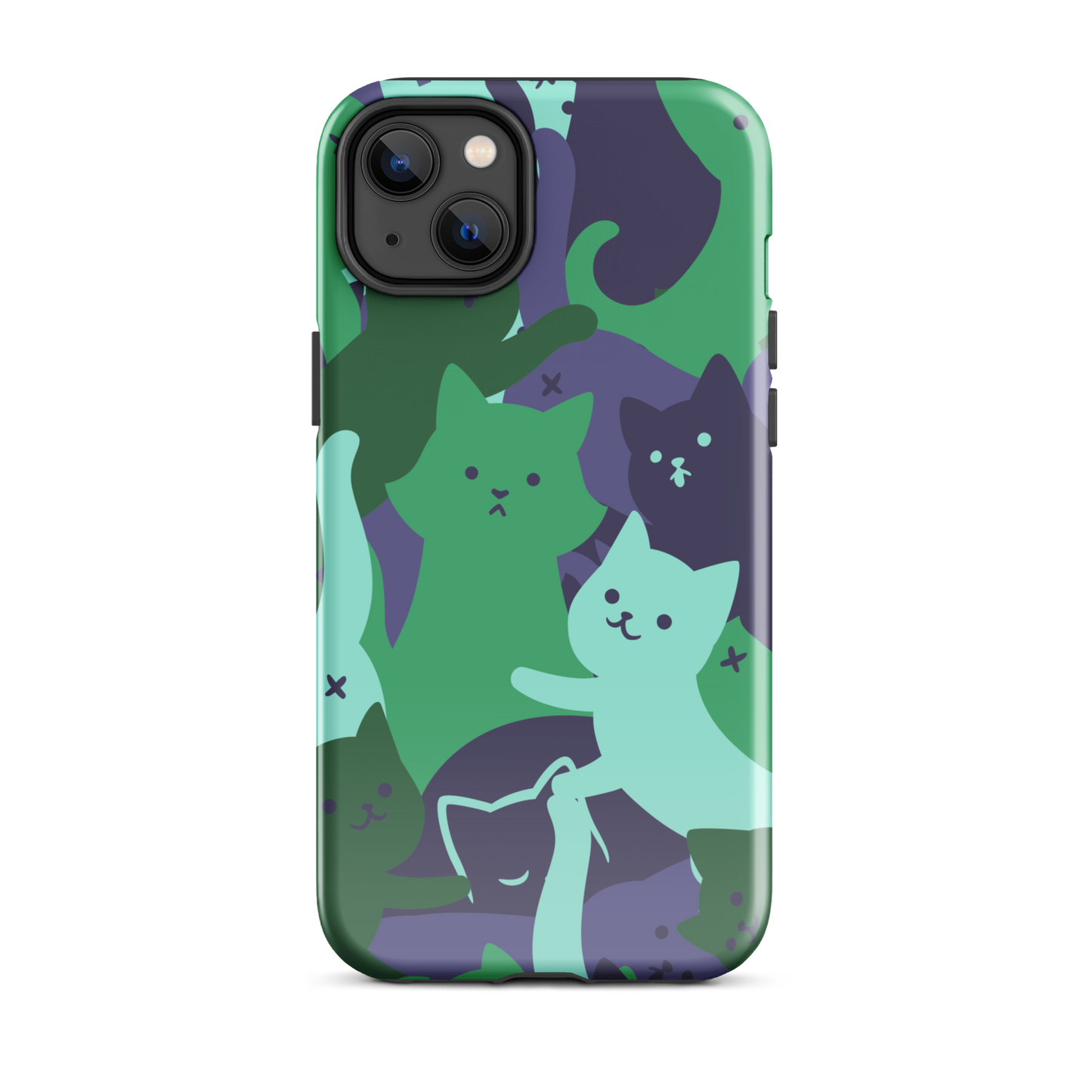 A playful pattern featuring multiple kittens in shades of green and blue, arranged to create a soft camouflage effect. This design blends cute cats with a modern pattern aesthetic, perfect for fans of fun, stylish, and whimsical art.