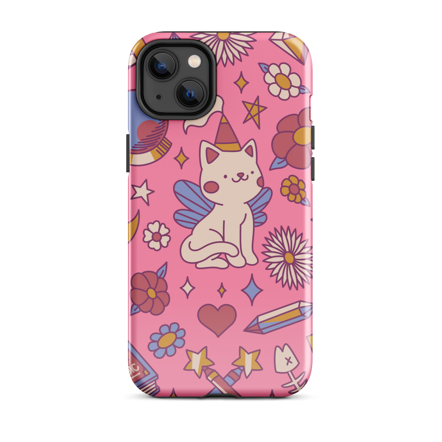 A seamless pattern featuring a magical winged kitten surrounded by crystals, flowers, tarot cards, mushrooms and other mystical elements in soft pastel tones. A playful and whimsical design with a cute, magical vibe.